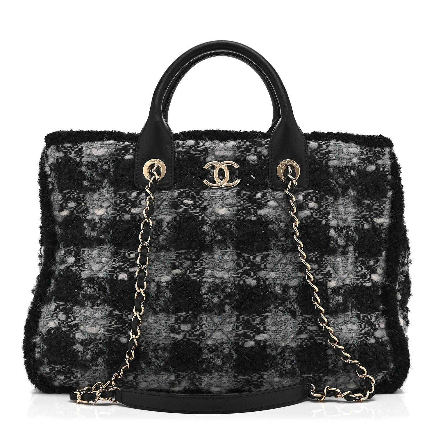 Chanel Tweed Shearling Quilted Lambskin Shopping Tote  Black Grey