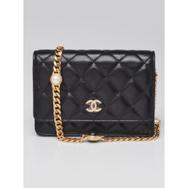 Chanel Chanel Black Quilted Lambskin Leather Pearl Chain Mini WOC Clutch Bag