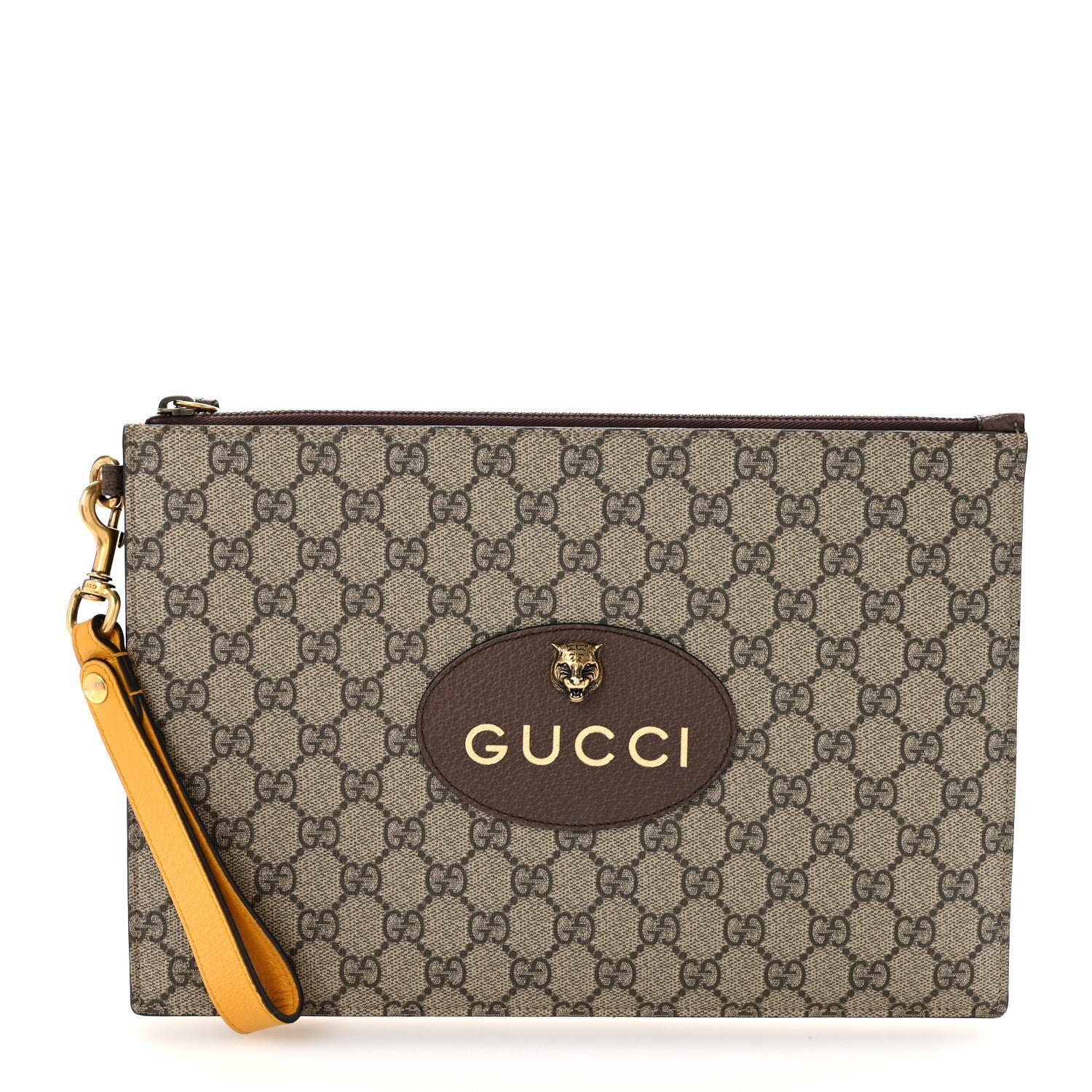 Gucci GG Supreme Monogram Neo Vintage Zip Wristlet Pouch Beige New Acero Crop