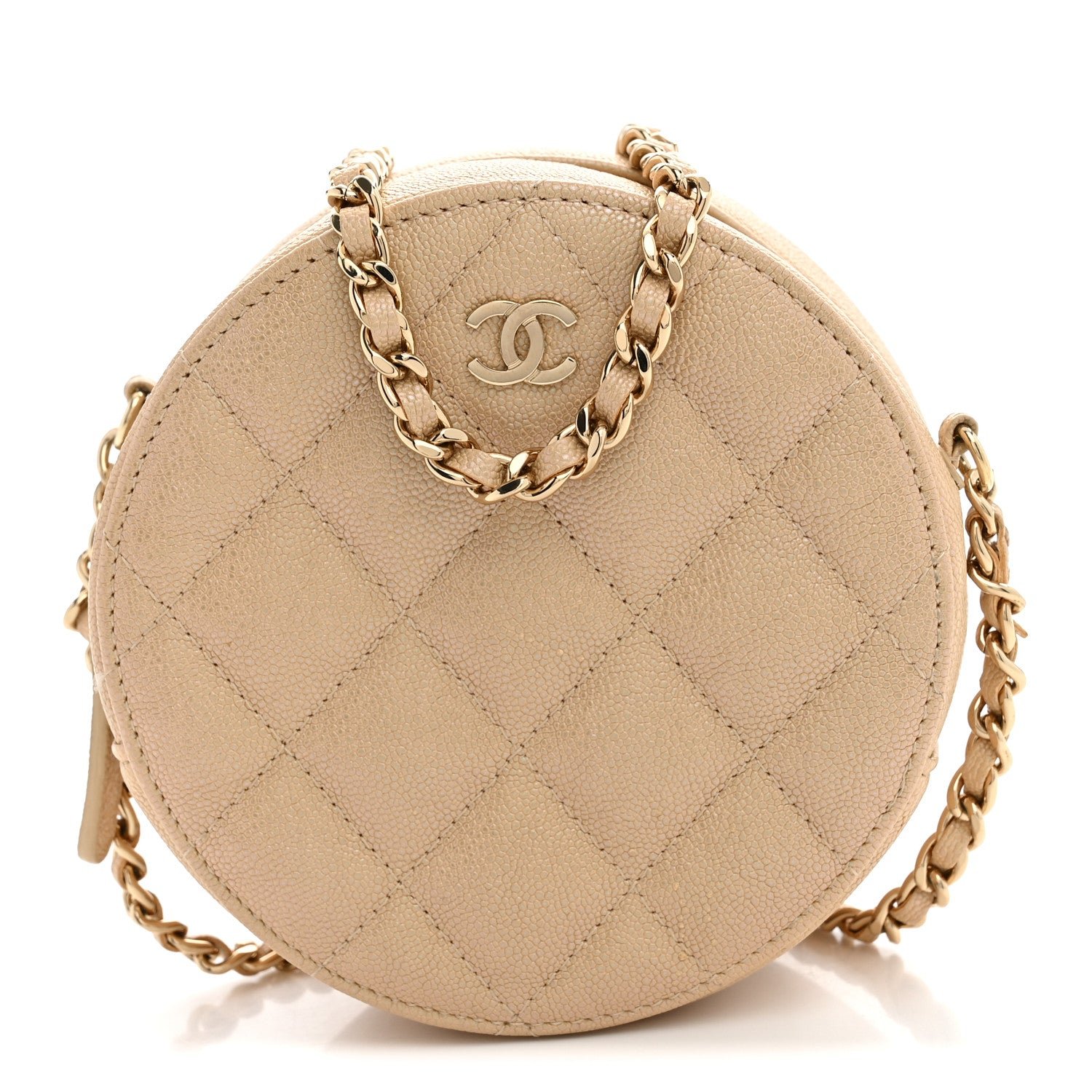 Chanel Iridescent Caviar Quilted Round Clutch With Chain Beige