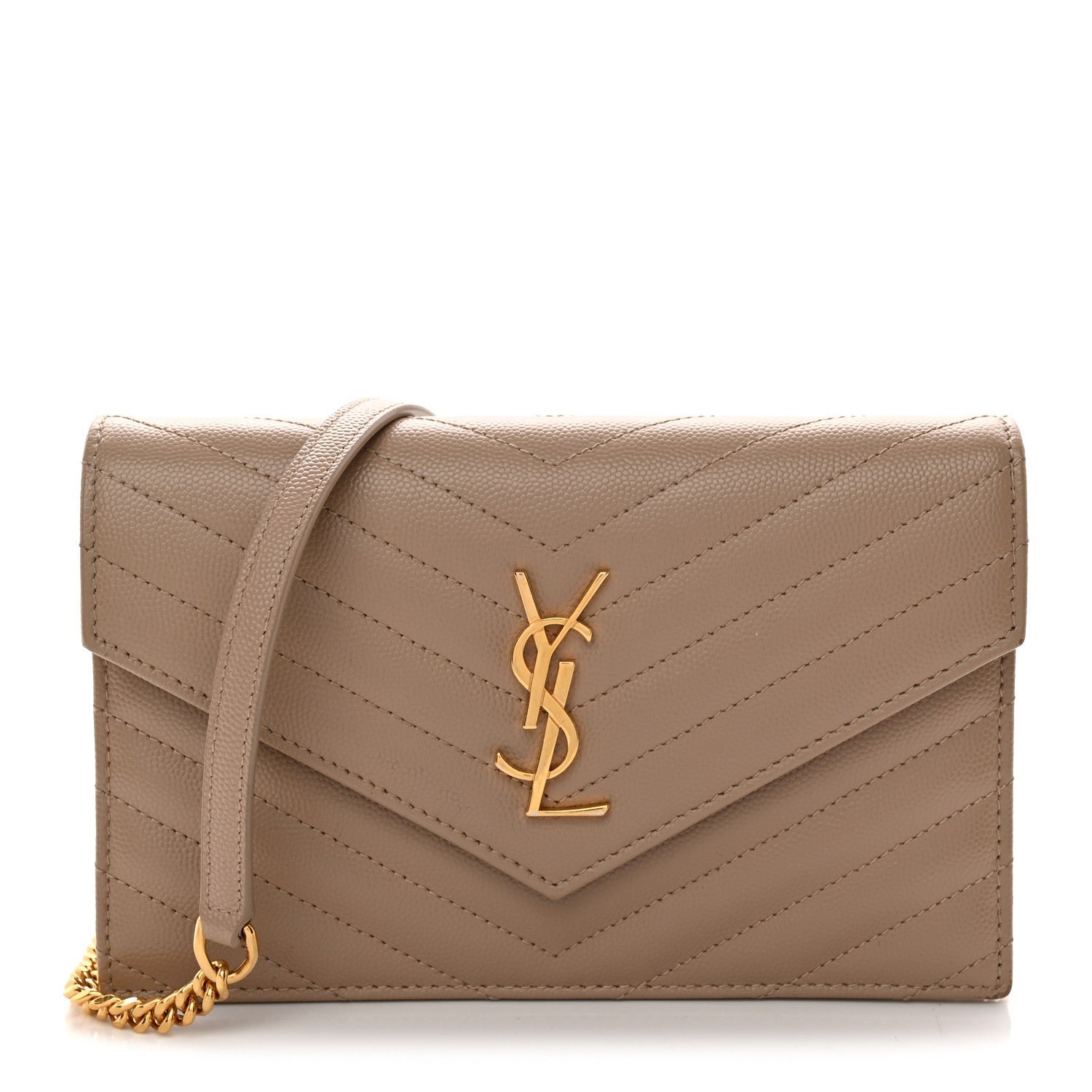 Saint Laurent Grain De Poudre Matelasse Chevron Monogram Envelope Chain Wallet Dark Beige