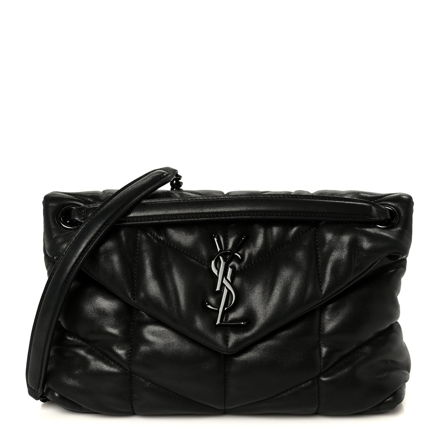 Saint Laurent Lambskin Quilted Monogram Monochrome Small Loulou Puffer Chain Satchel Black