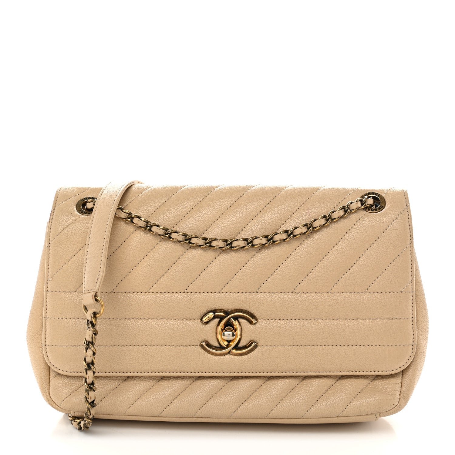 Chanel Shiny Goatskin Diagonal Quilted Medium Flap Beige