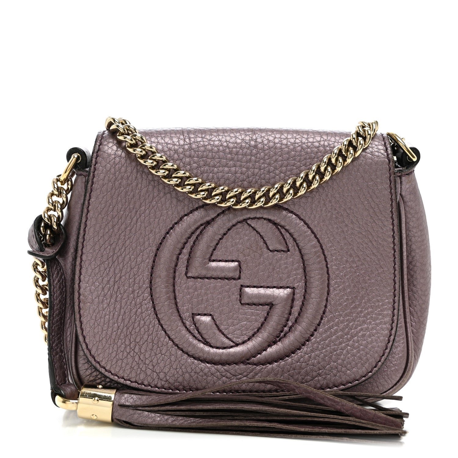 Gucci Metallic Pebbled Calfskin Small Soho Flap Crossbody Purple