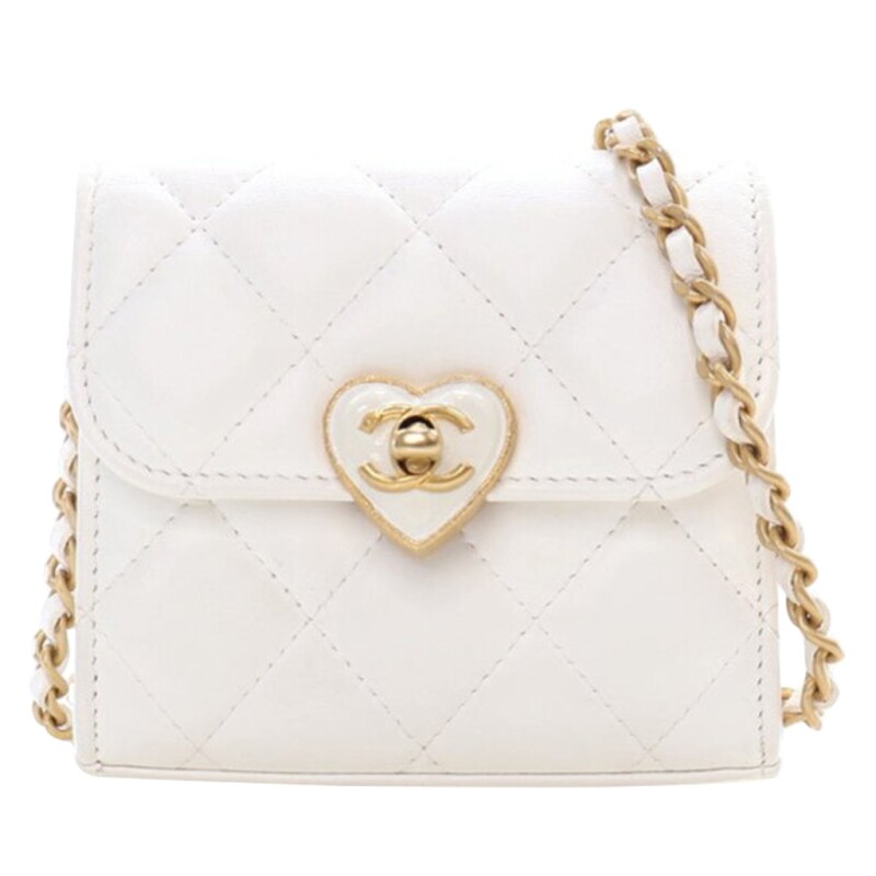 Chanel White Quilted Lambskin CC Enamel Heart Mini Crossbody Bag Gold Hardware, 2021