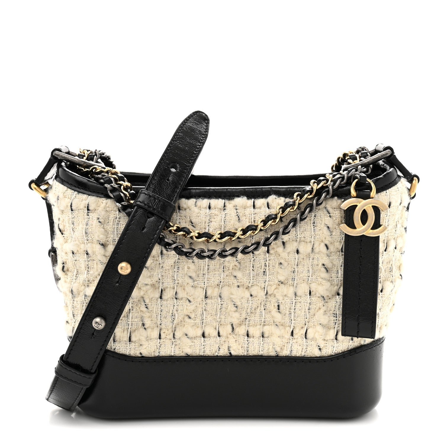 Chanel Tweed Calfskin Quilted Small Gabrielle Hobo Ivory Black