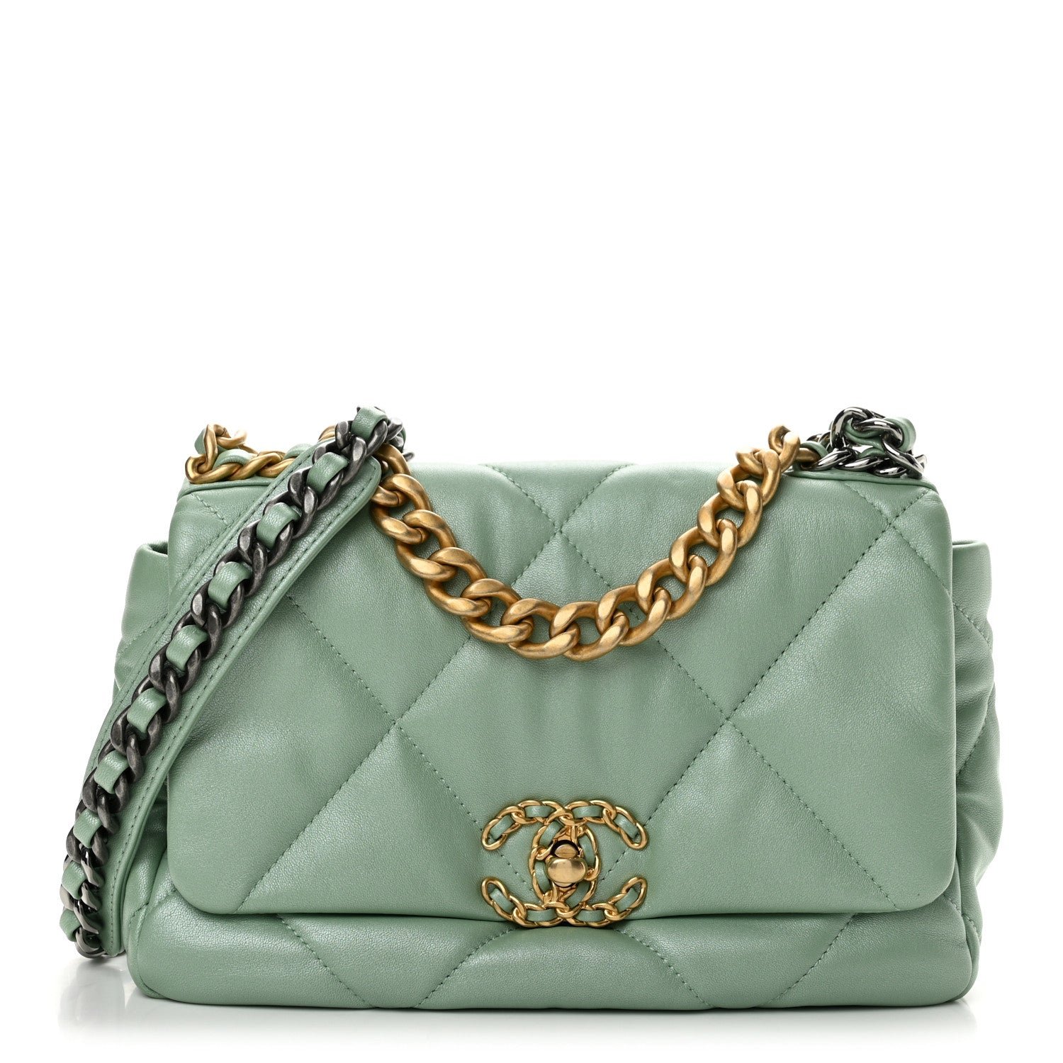 Chanel Shiny Lambskin Quilted Medium Chanel 19 Flap Light Green