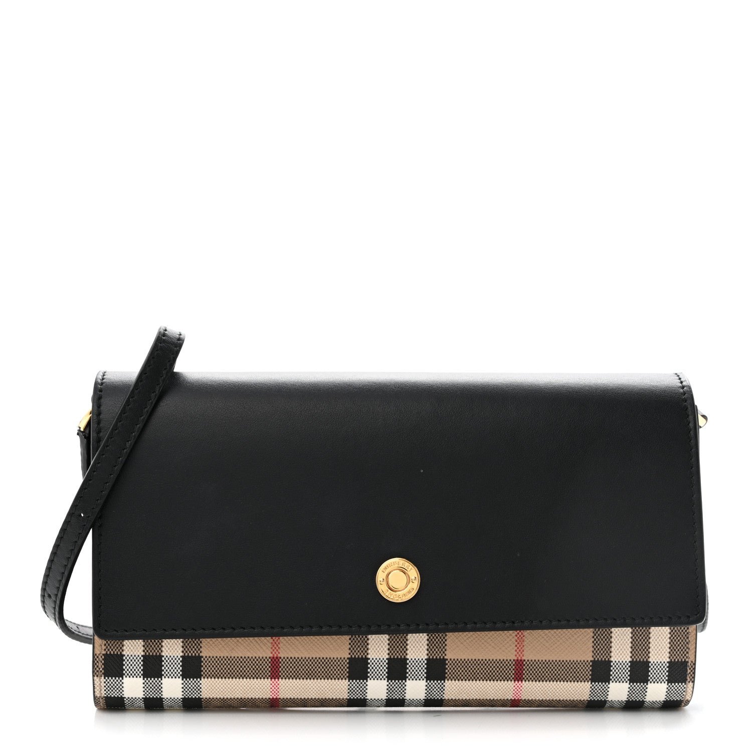 Burberry Calfskin Vintage Check Hannah Wallet with Detachable Strap Black