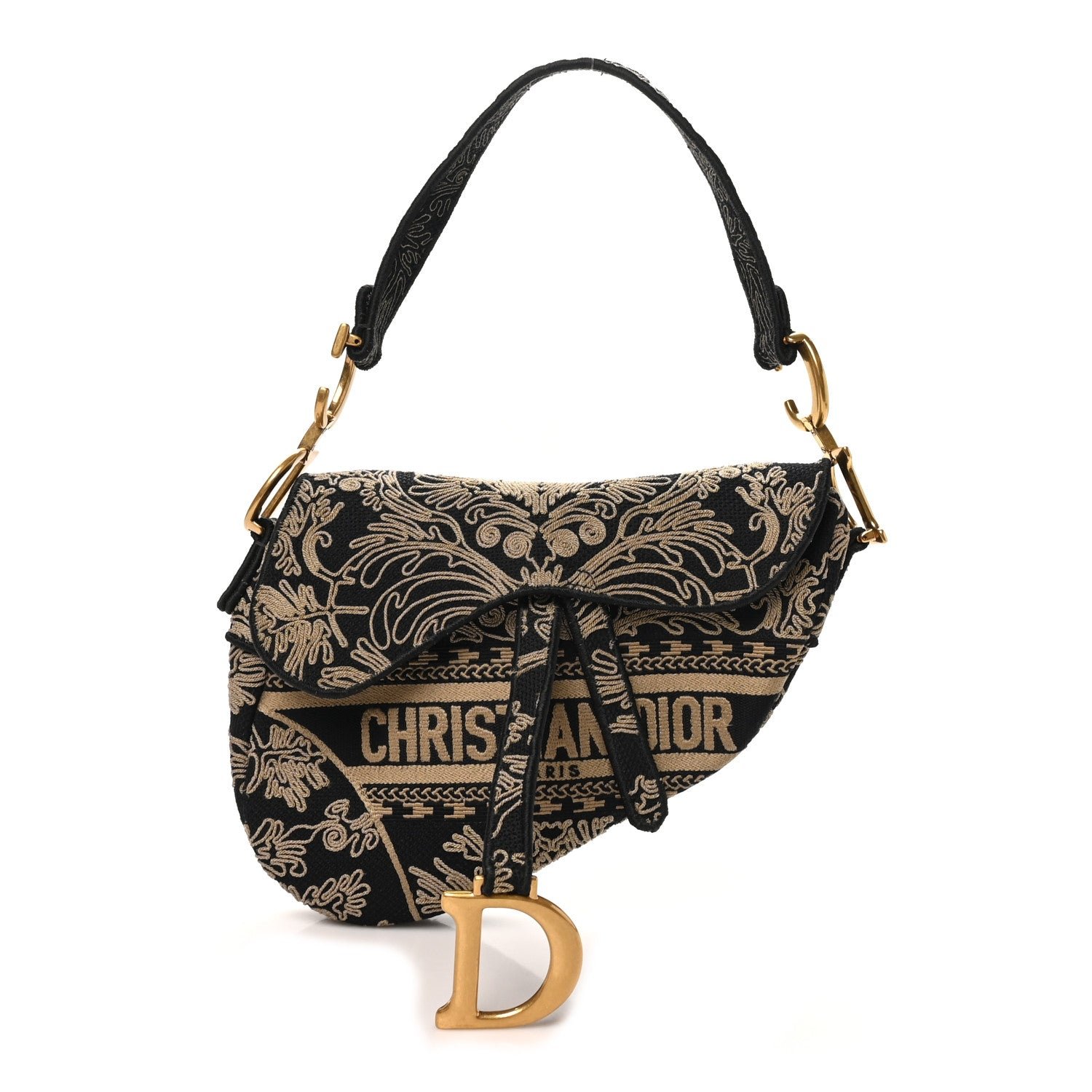 Christian Dior Canvas Embroidered Ornamental Cornely Saddle Bag Black Beige