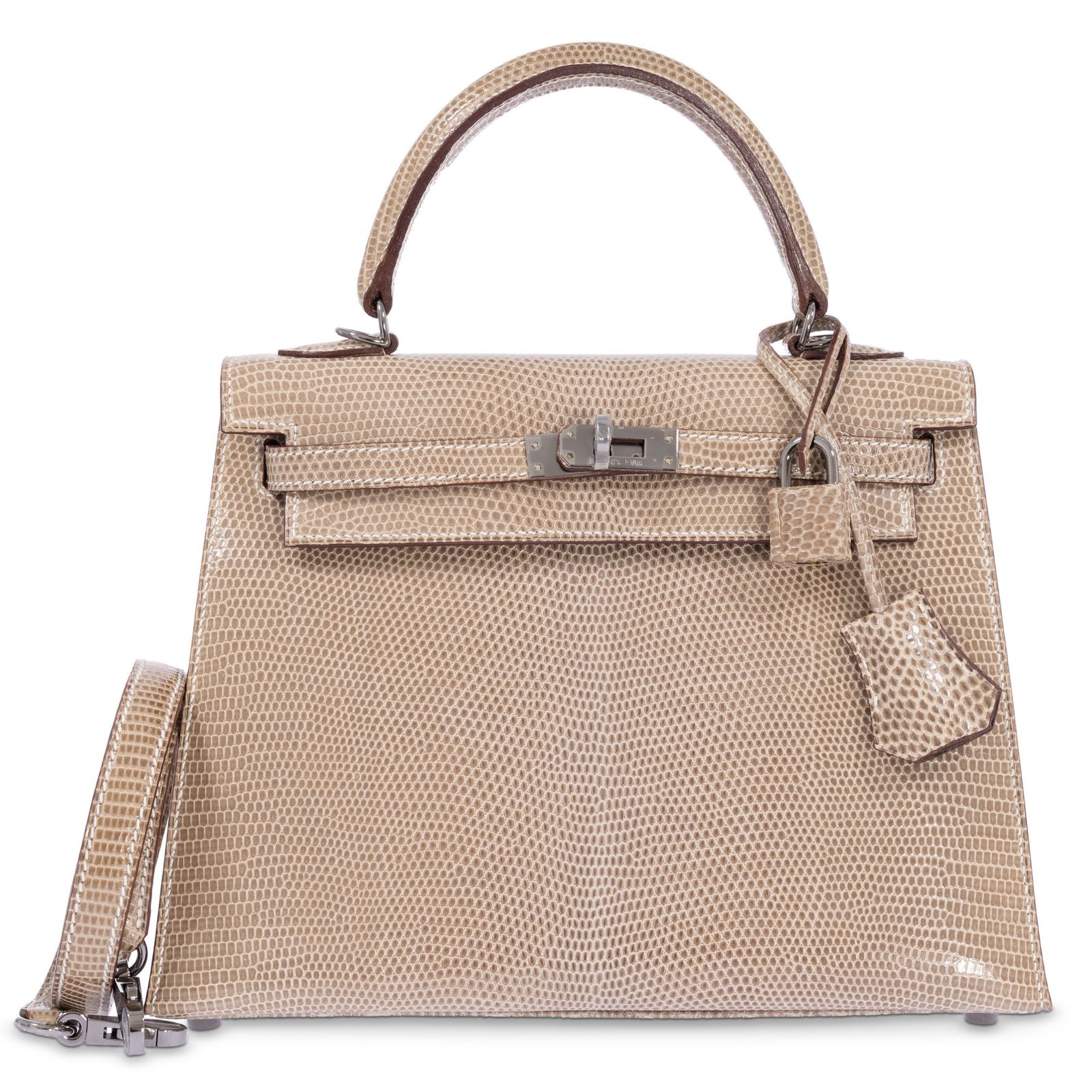 Hermès Kelly 25 Sellier Ficelle Shiny Salvator Lizard Ruthenium Hardware