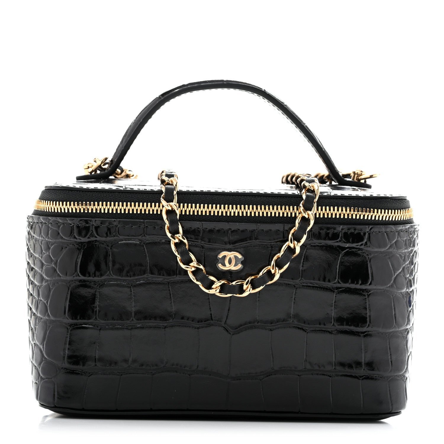Chanel Calfskin Crocodile Embossed Exoticoco Small Top Handle Vanity Case With Chain Black