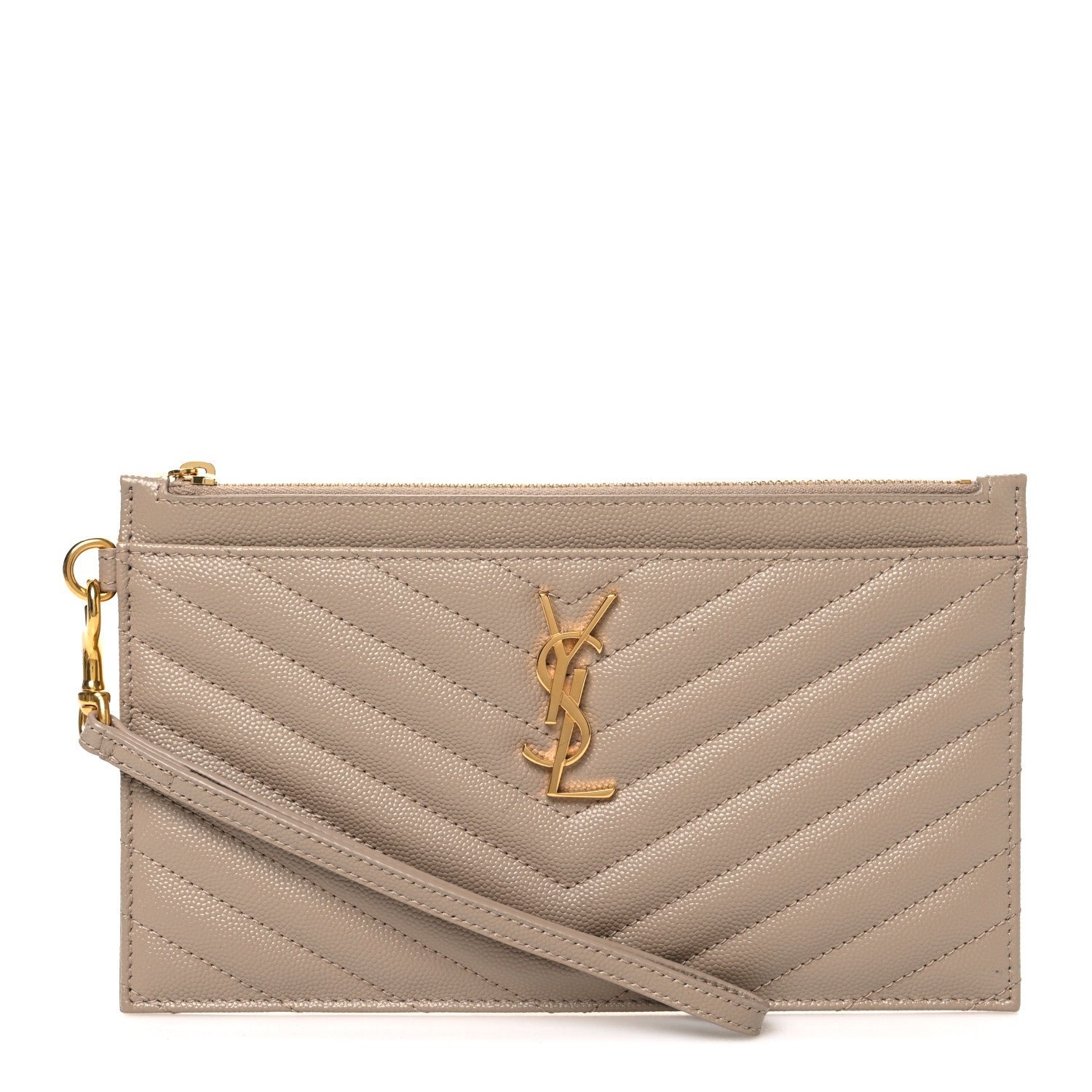 Saint Laurent Grain De Poudre Chevron Monogram Large Bill Pouch Dark Beige