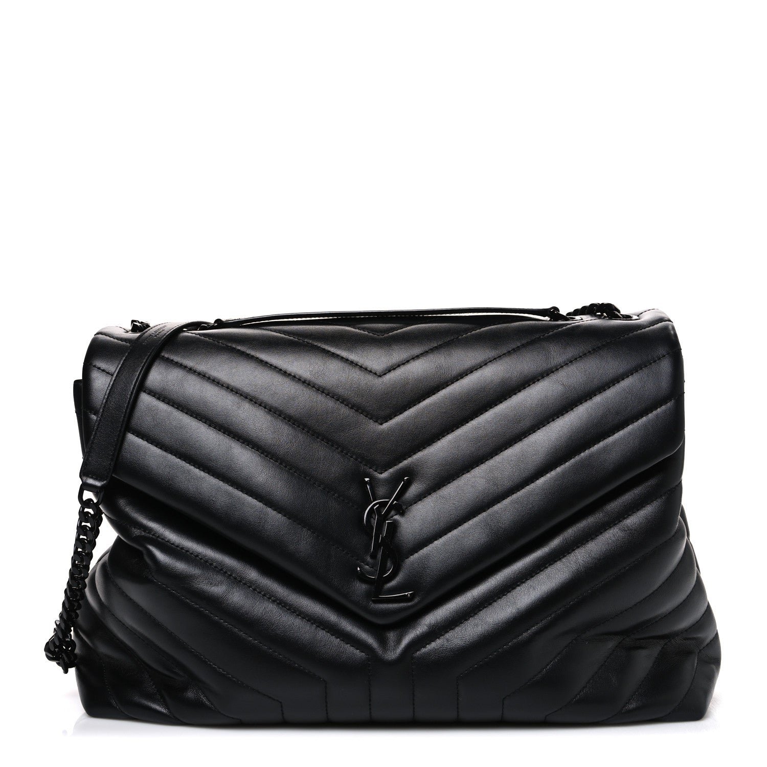 Saint Laurent Calfskin Y Quilted Monogram Monochrome Large Loulou Chain Satchel Black