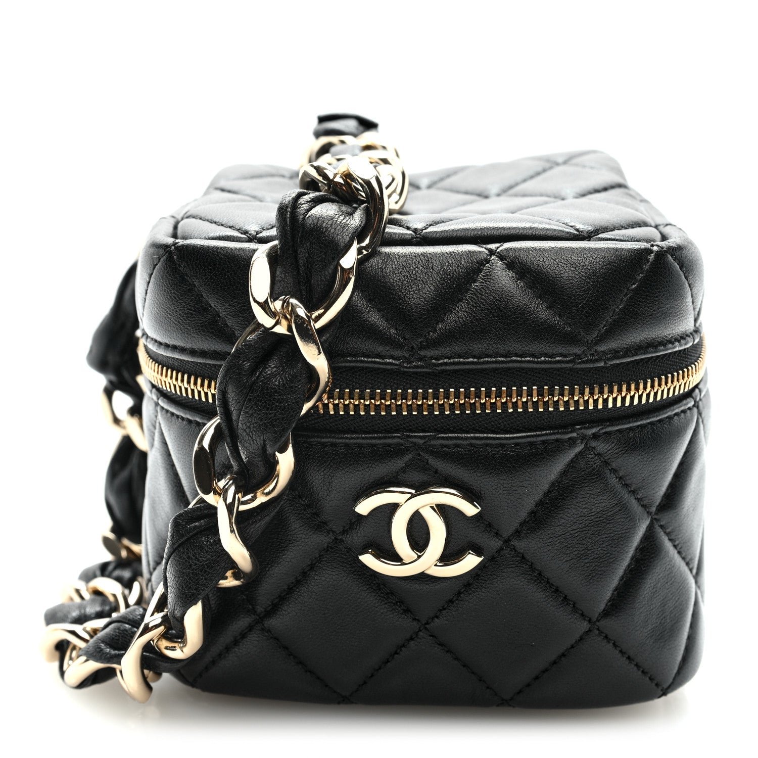 Chanel Lambskin Quilted Cube Chain Wristlet Case Black
