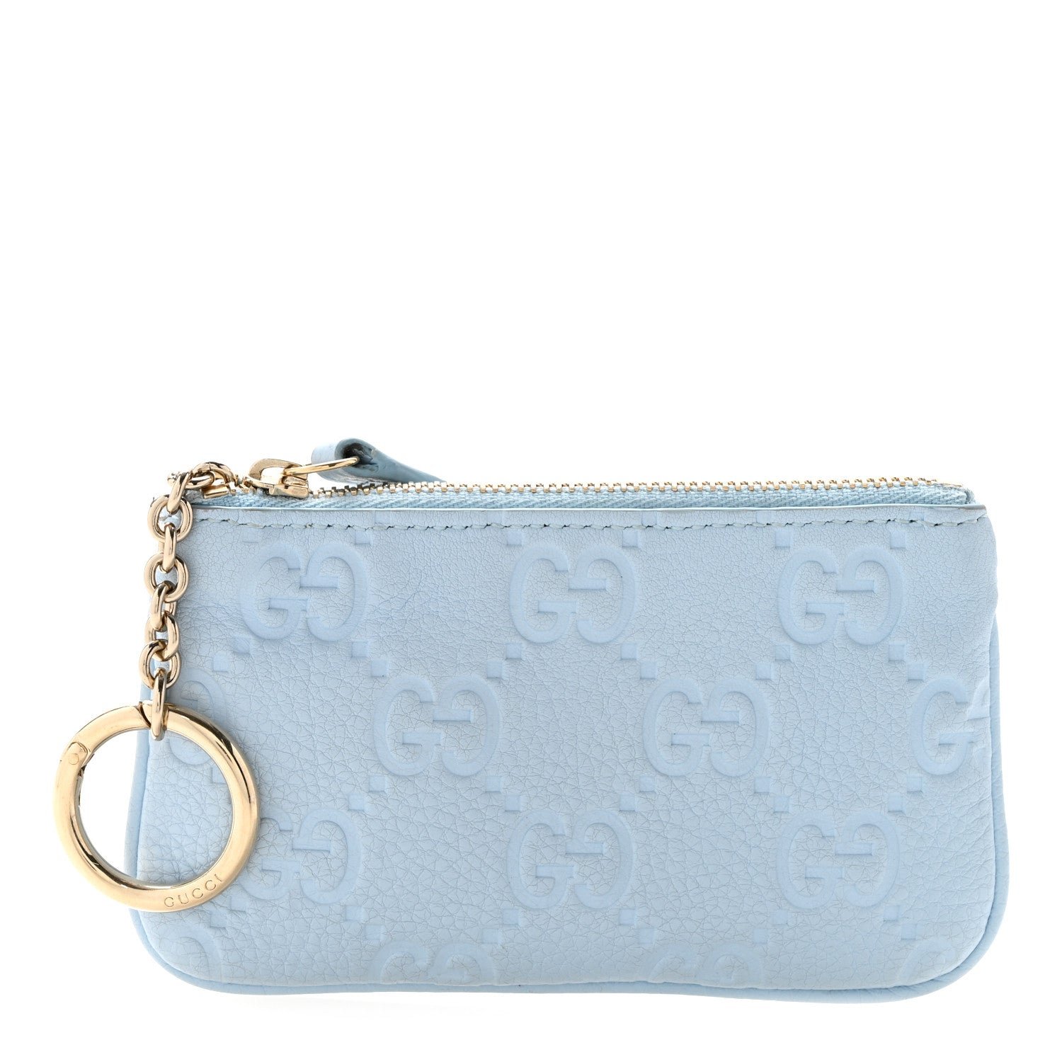 Gucci GG Grainy Calfskin Emblem Zip Key Case Light Blue