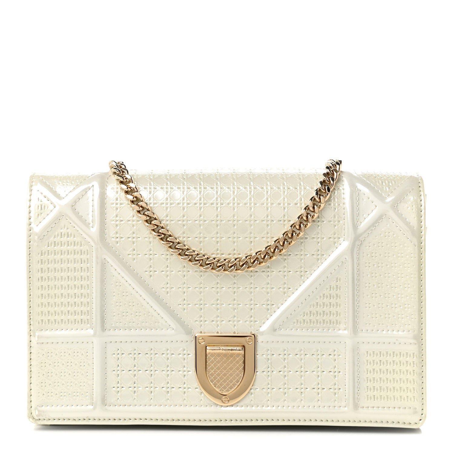 Christian Dior Patent Micro-Cannage Diorama Wallet on Chain Pouch Metallic White