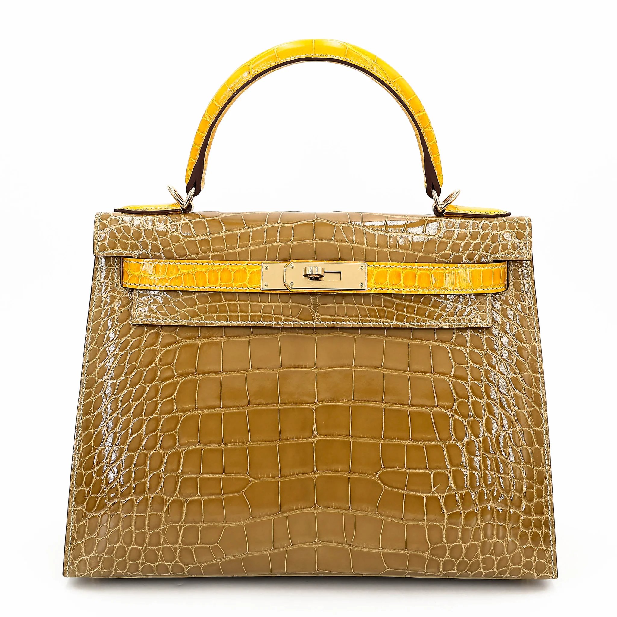 Unused ( Rank NS ) HERMÈS Special Order Kelly 28 Sellier Ficelle (17) Jaune Ambre (9D) Shiny Alligator Permabrass hardware U (2022)