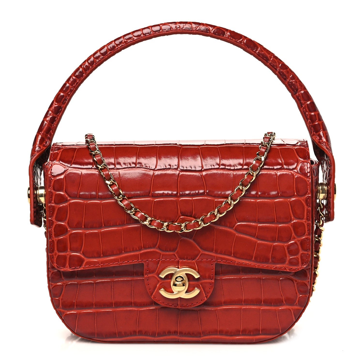 Chanel Calfskin Crocodile Embossed Turn Around Mini Flap Burgundy