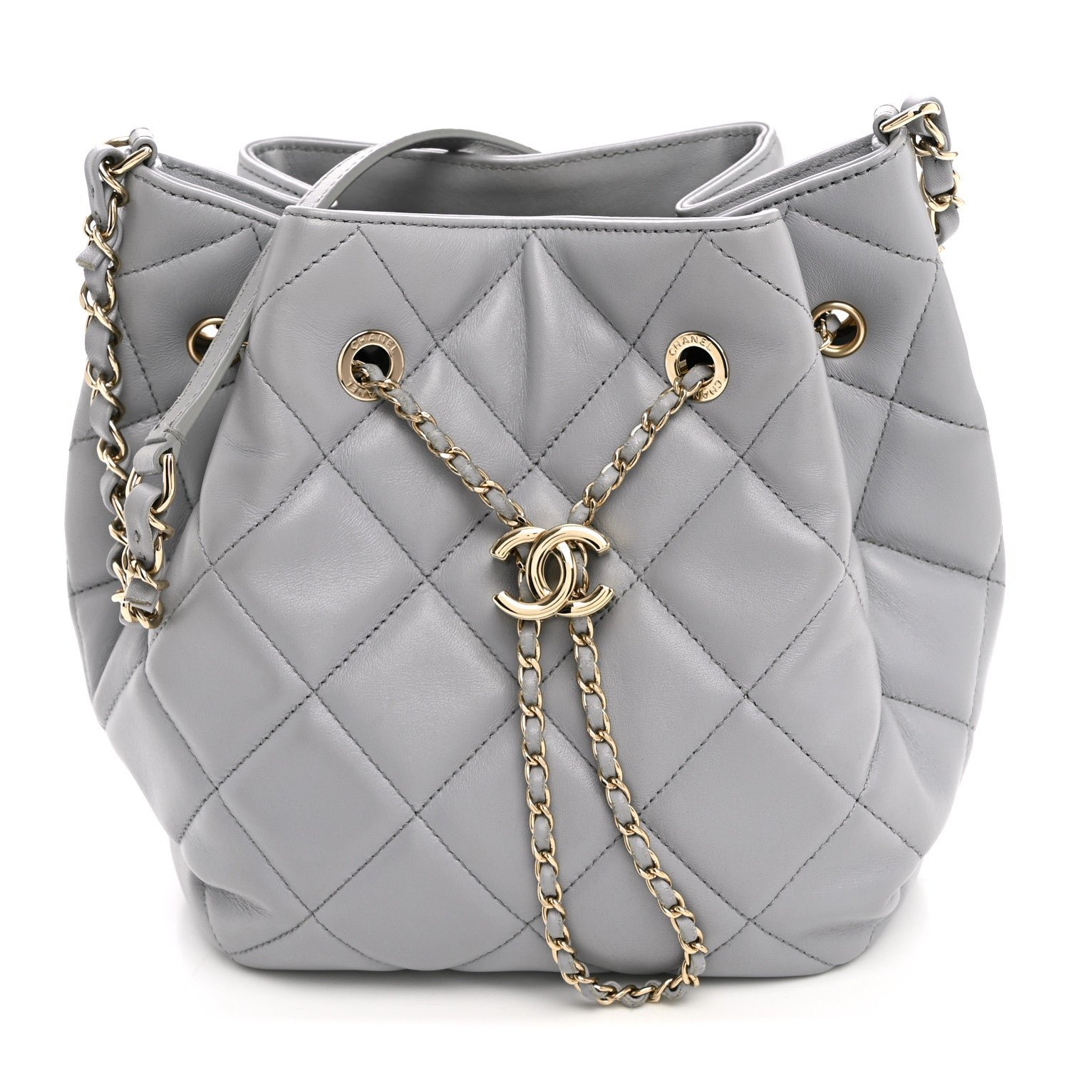 Chanel Lambskin Quilted CC Dweller Drawstring Bucket Bag Light Grey