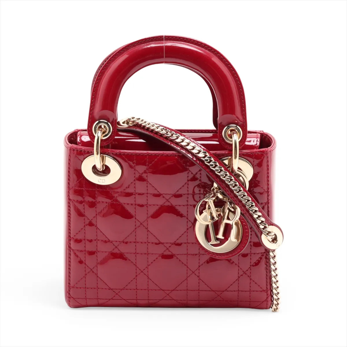 Christian Dior Cannage Lady Dior Mini Patent Leather 2 Way Handbag Red