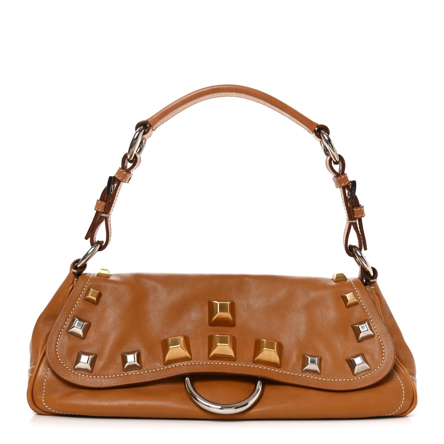 Prada Calfskin Studded Shoulder Bag  Caramel