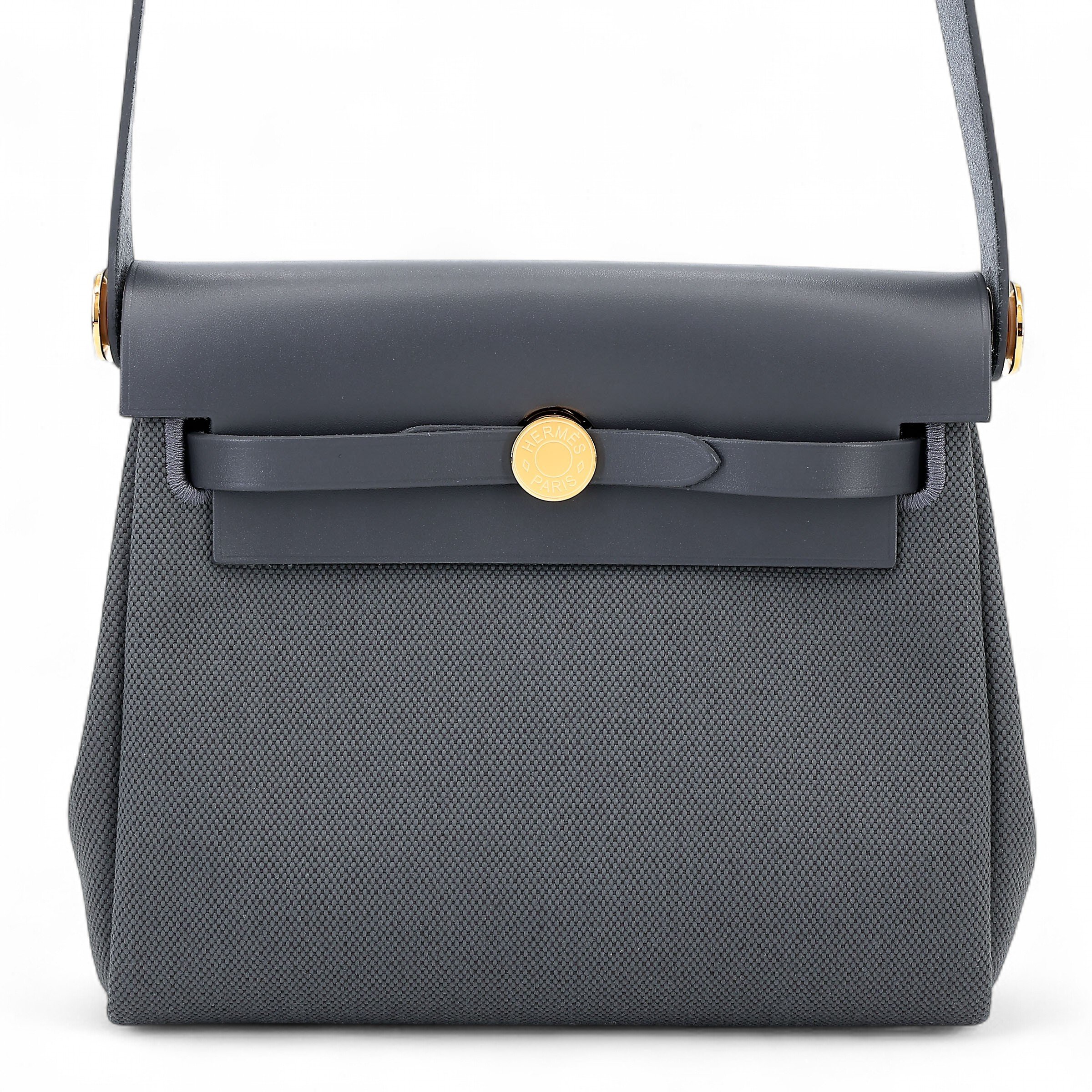 Brand New ( Rank N ) HERMÈS Herbag Zip Mini 20 Ardoise (85) Canvas Vache Hunter Gold hardware K (2025)