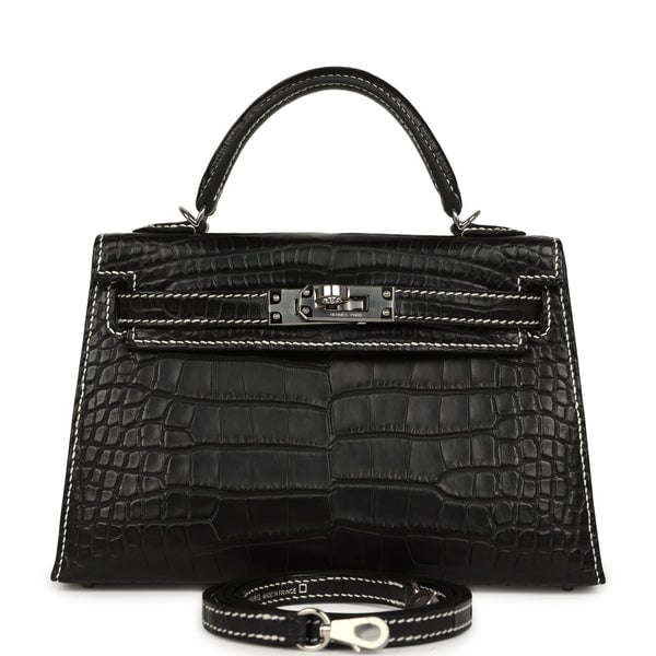 Hermes Special Order (HSS) Kelly Sellier 20 Black Matte Alligator Palladium Hardware