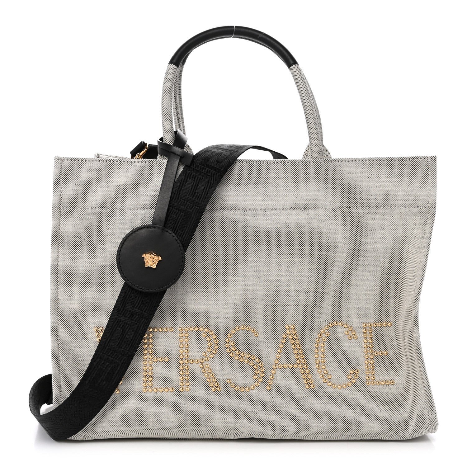 Versace Canvas Calfskin Studded Large Logo Tote Bag Ecru Black