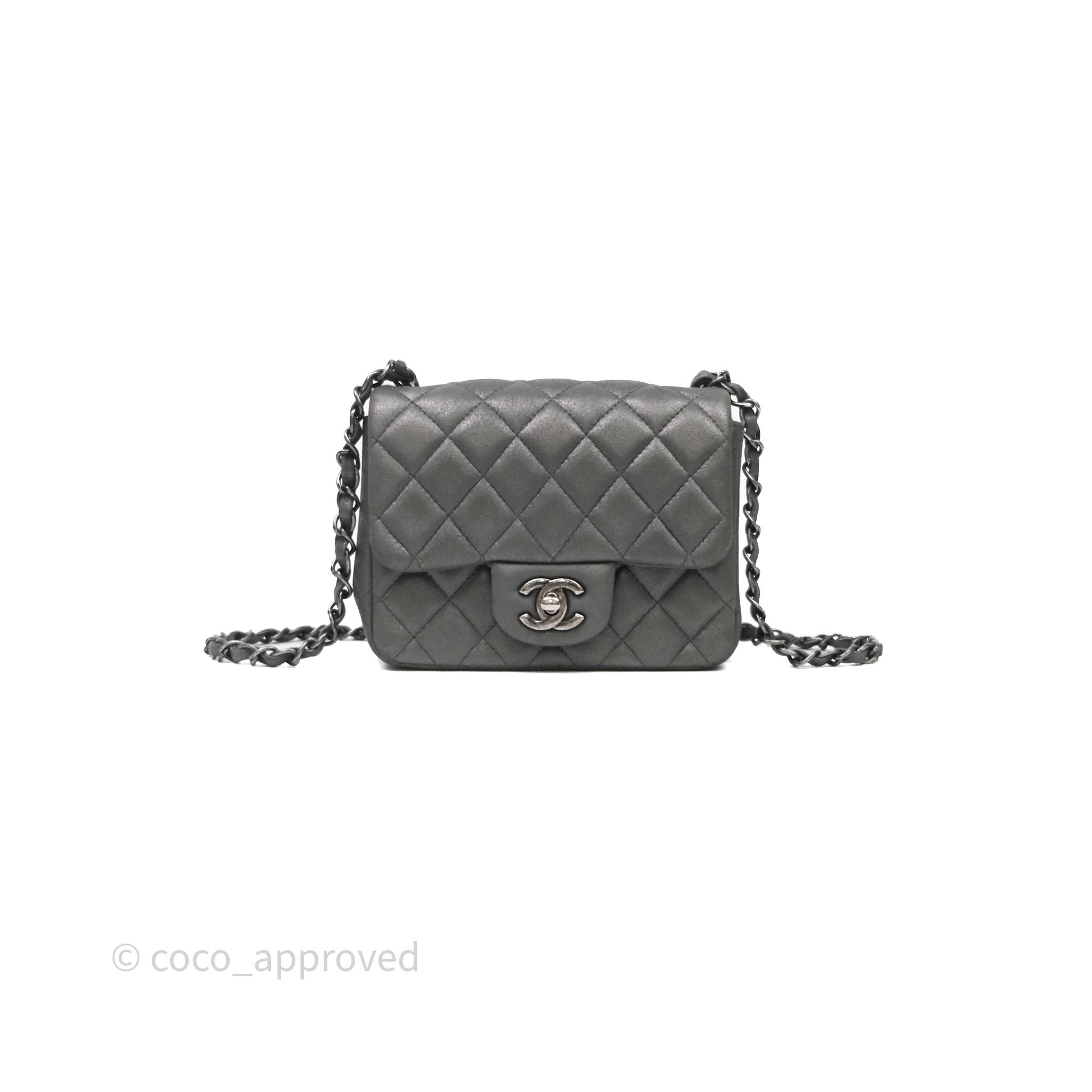 Chanel Mini Square Iridescent Grey Suede Gun Metal Hardware