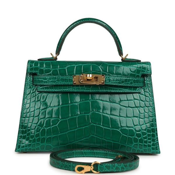 Pre-owned Hermes Kelly Sellier 20 Emerald Shiny Alligator Gold Hardware