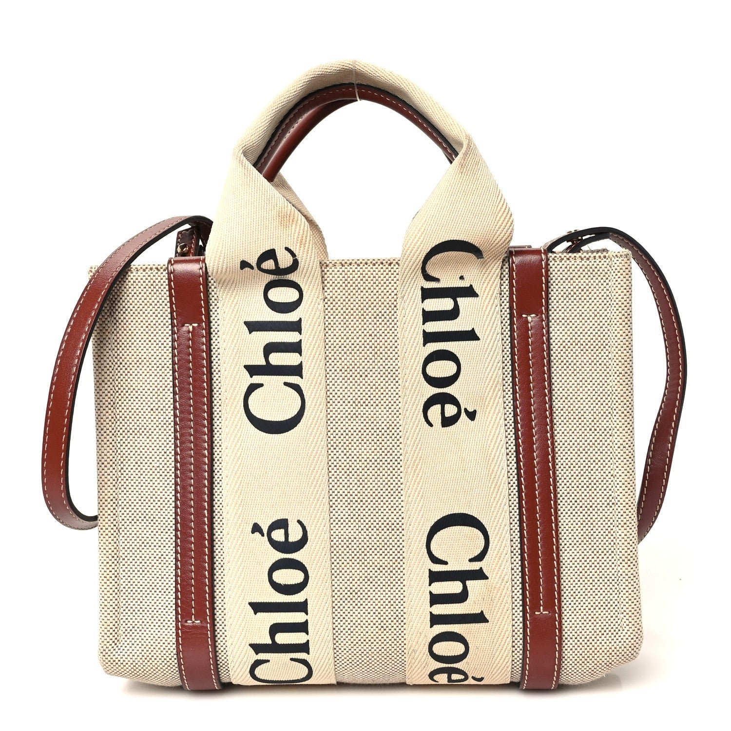 Chloe Cotton Calfskin Small Woody Ribbon Tote With Strap White Brown