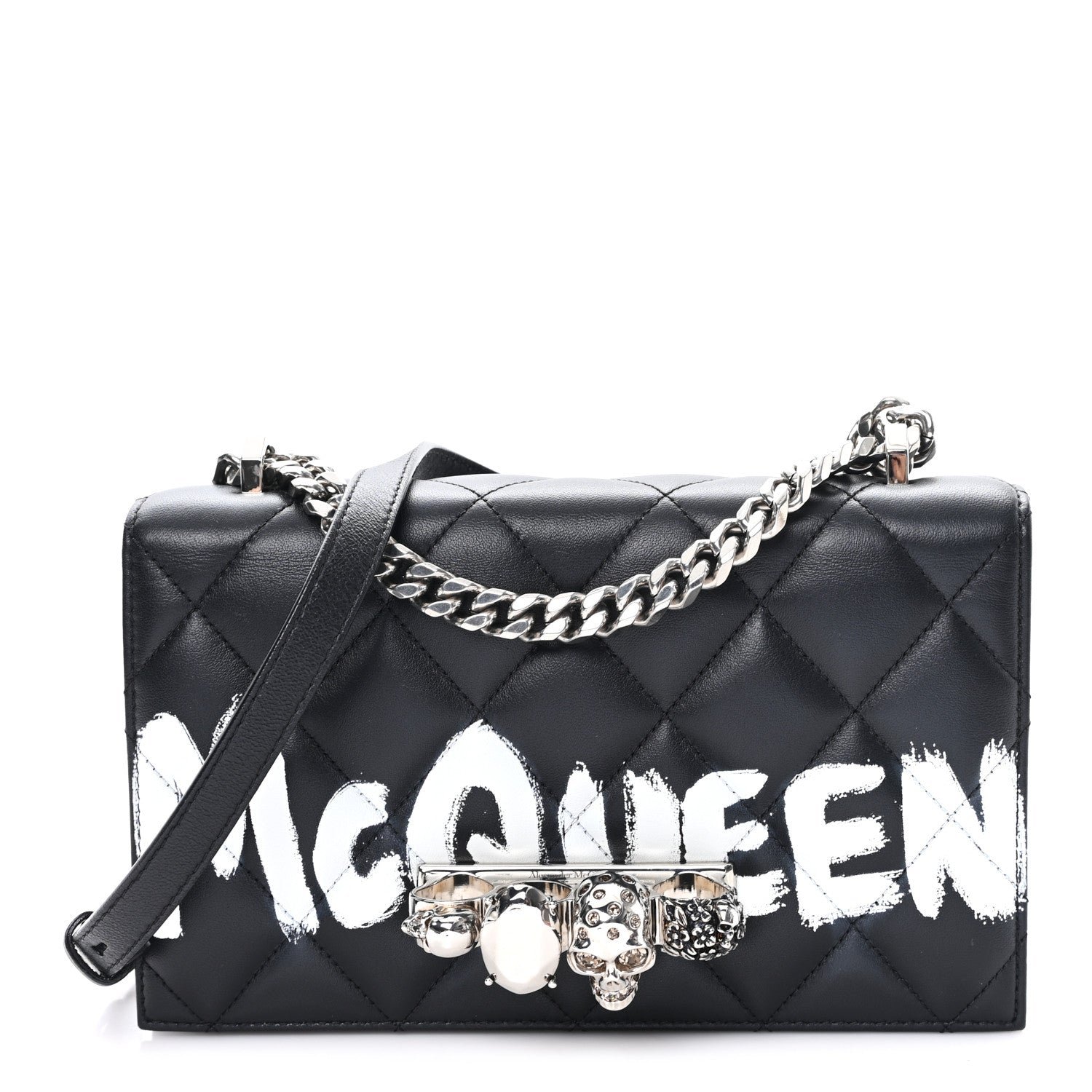 Alexander McQueen Calfskin Quilted Graffiti Knuckle Shoulder Bag Black