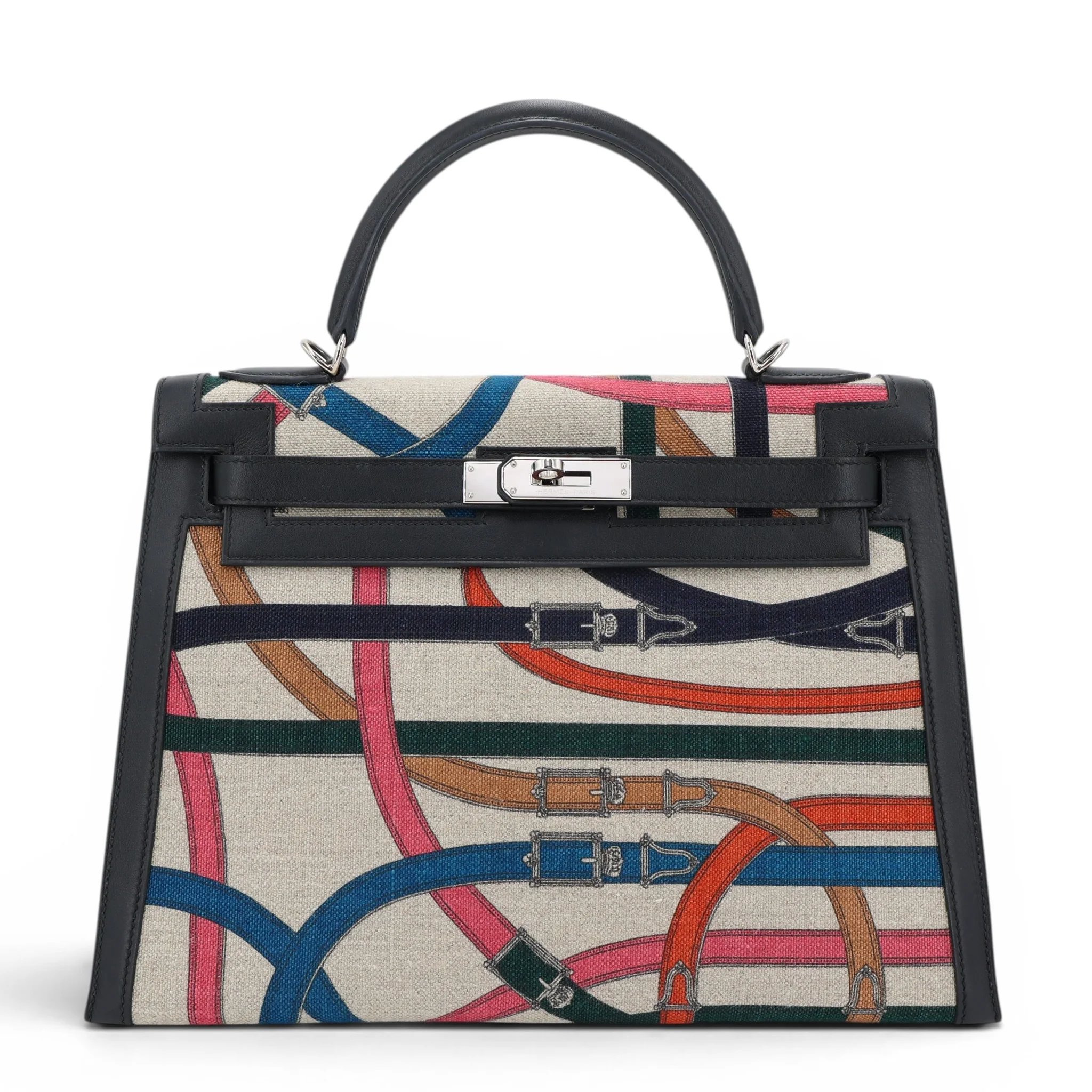 Very Good ( Rank A) HERMÈS Limited Edition Kelly 32 Cavalcadour Sellier Noir (89) Swift Toile Camp canvas Palladium hardware C (2018)
