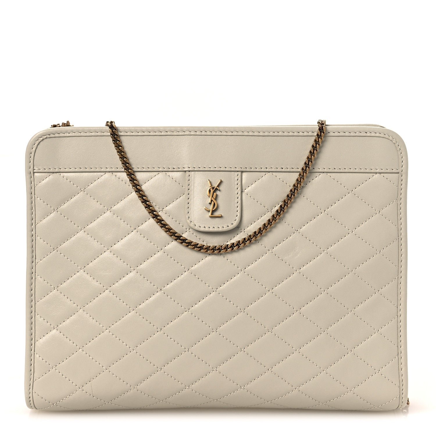 Saint Laurent Lambskin Quilted Monogram Baby Victoire Chain Clutch Blanc Vintage