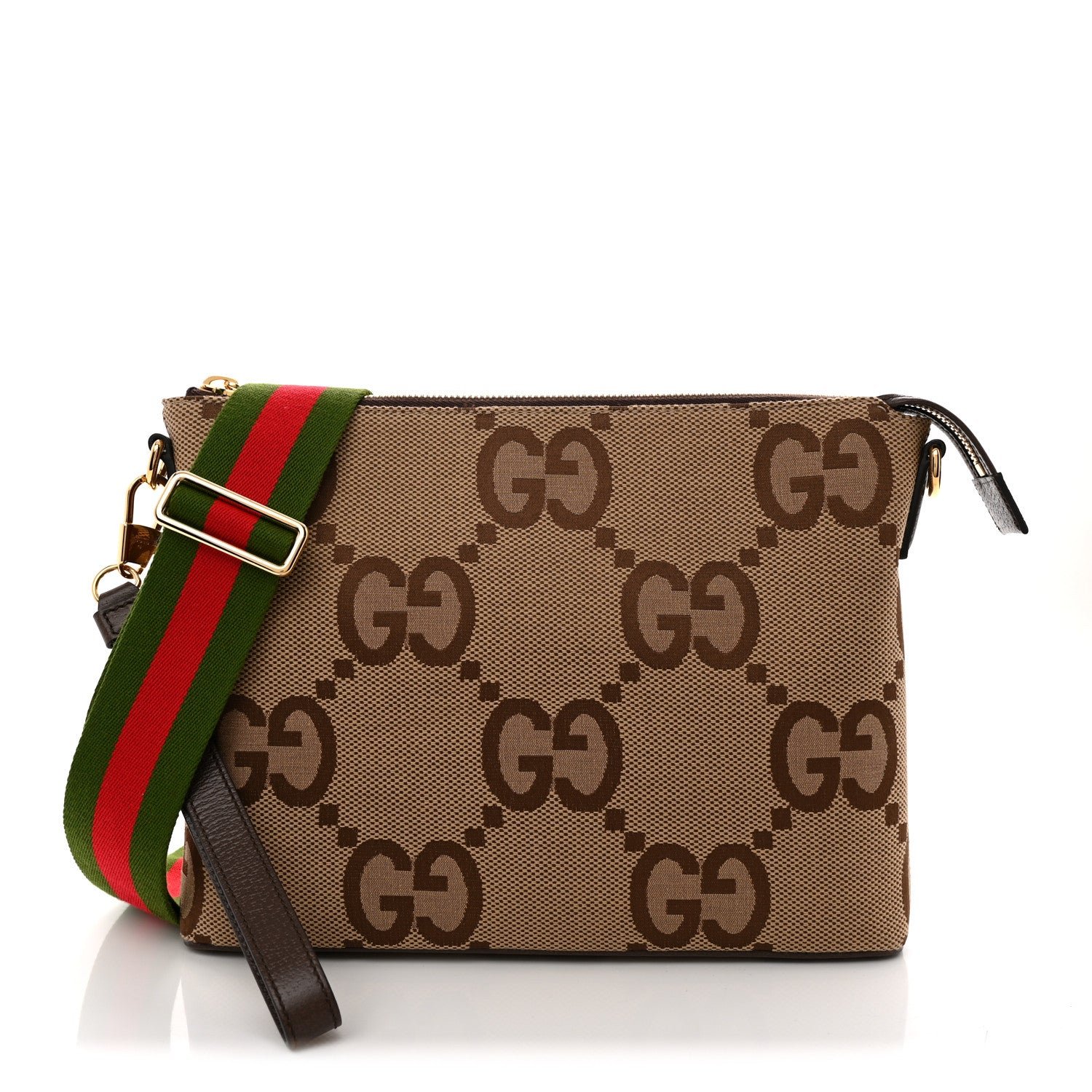 Gucci Monogram Jumbo GG Textured Dollar Calfskin Web Wristlet Messenger Bag  Camel Ebony New Acero