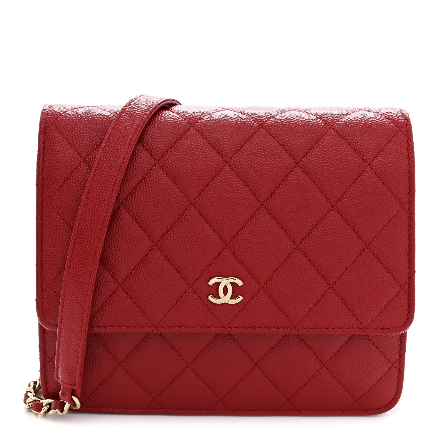 Chanel Caviar Quilted Square Wallet On Chain WOC Dark Red
