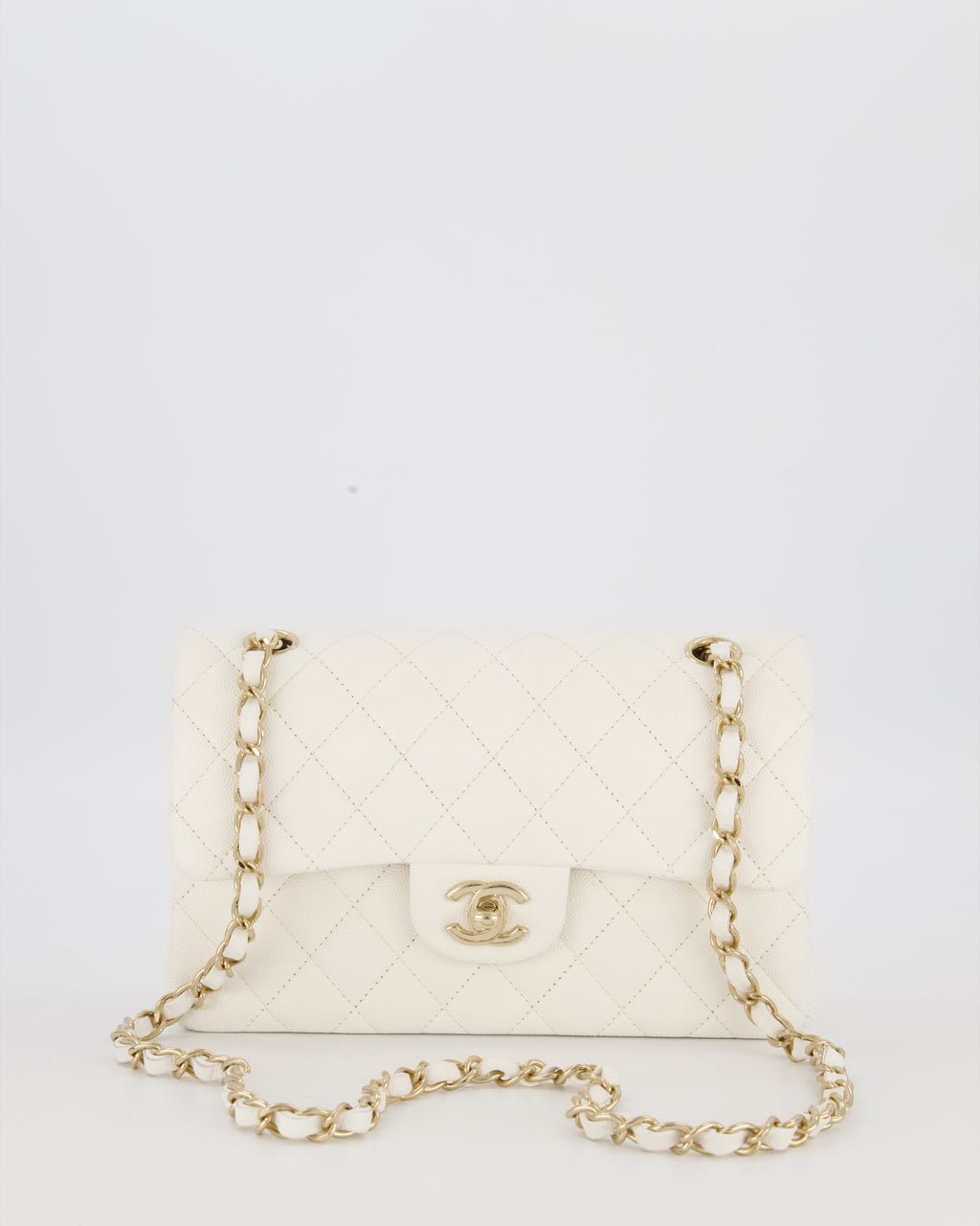 Chanel Small Classic Double Flap Bag in White Caviar Leather with Champagne Gold Hardware