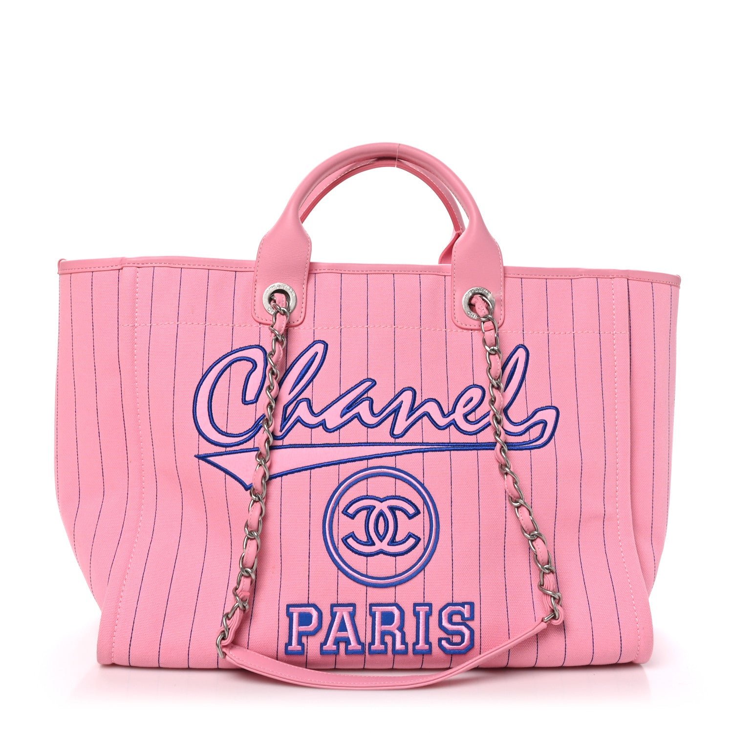 Chanel Canvas Calfskin Striped Large Deauville Tote Pink Blue