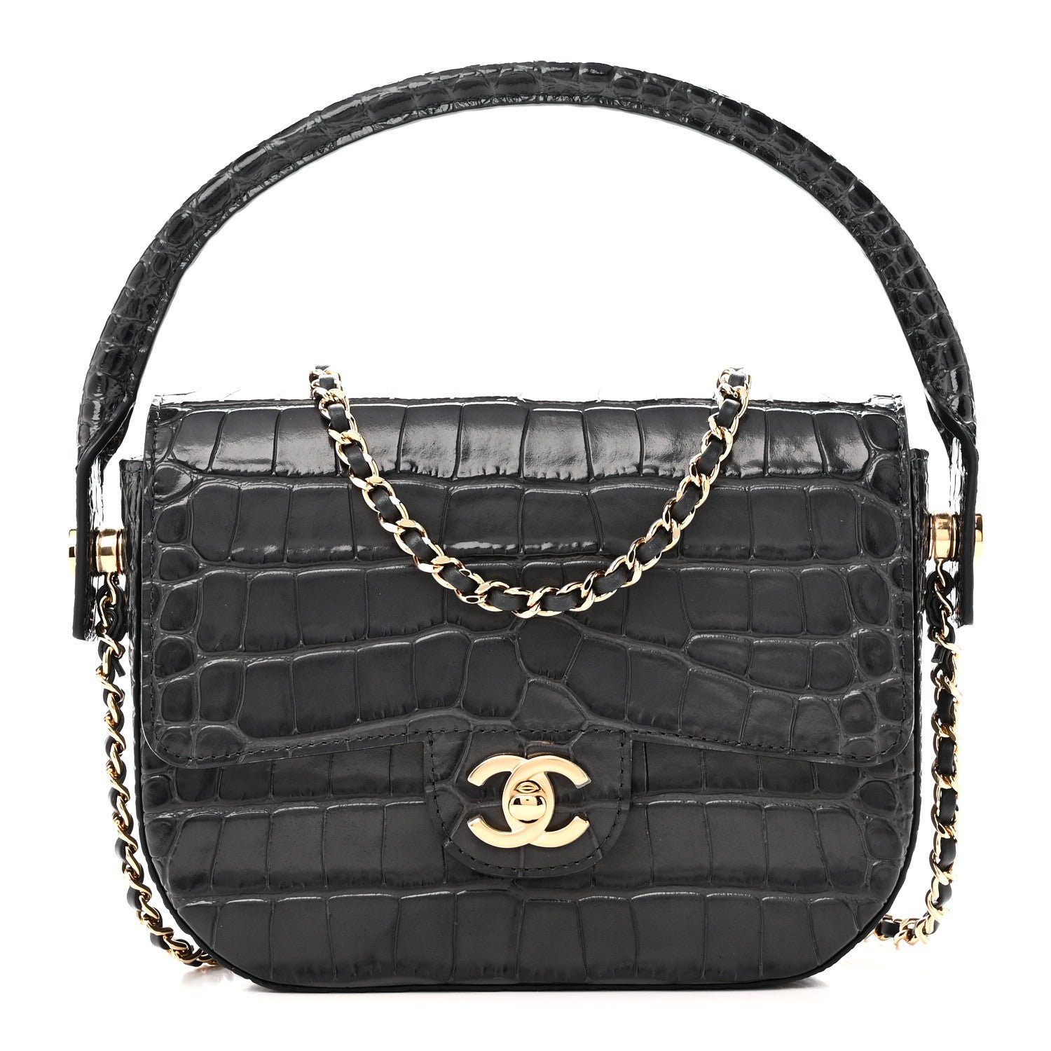 Chanel Calfskin Crocodile Embossed Turn Around Mini Flap Dark Grey