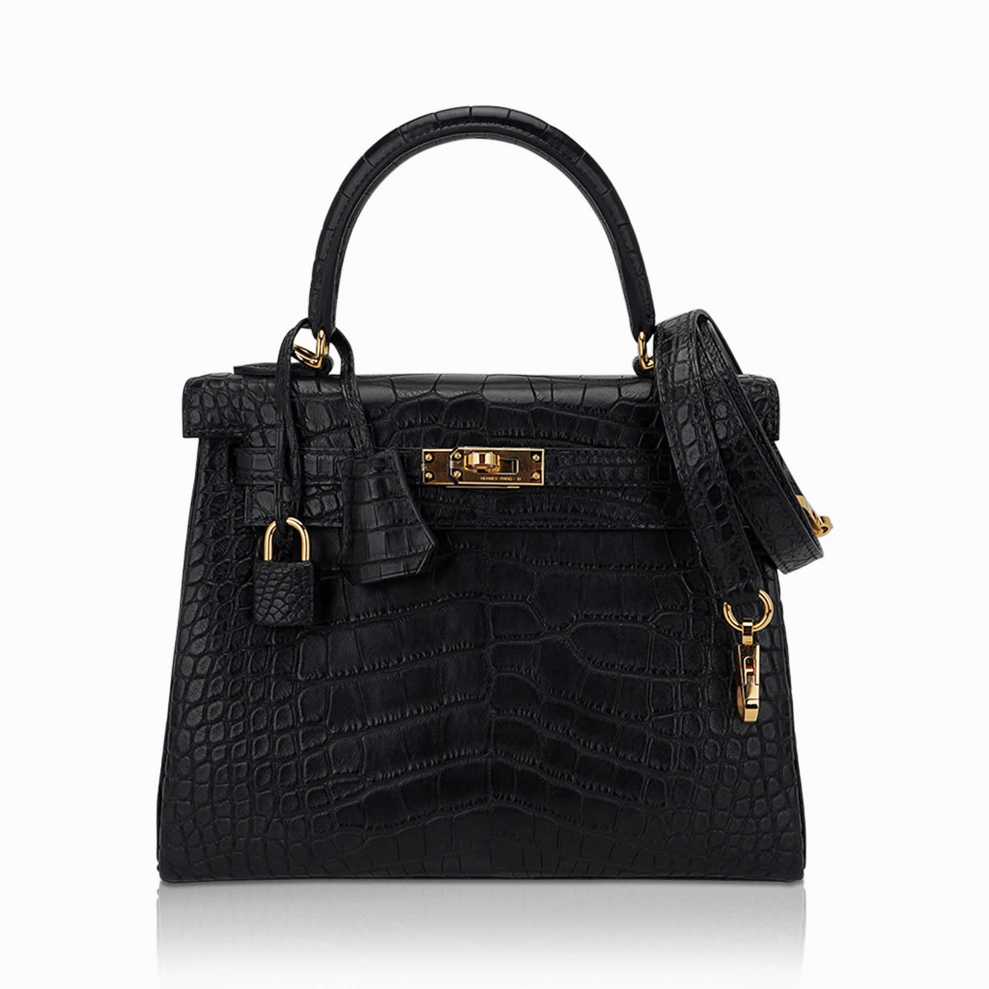 Hermes Hermes Kelly 25 Retourne Bag Black Matte Alligator with Gold Hardware