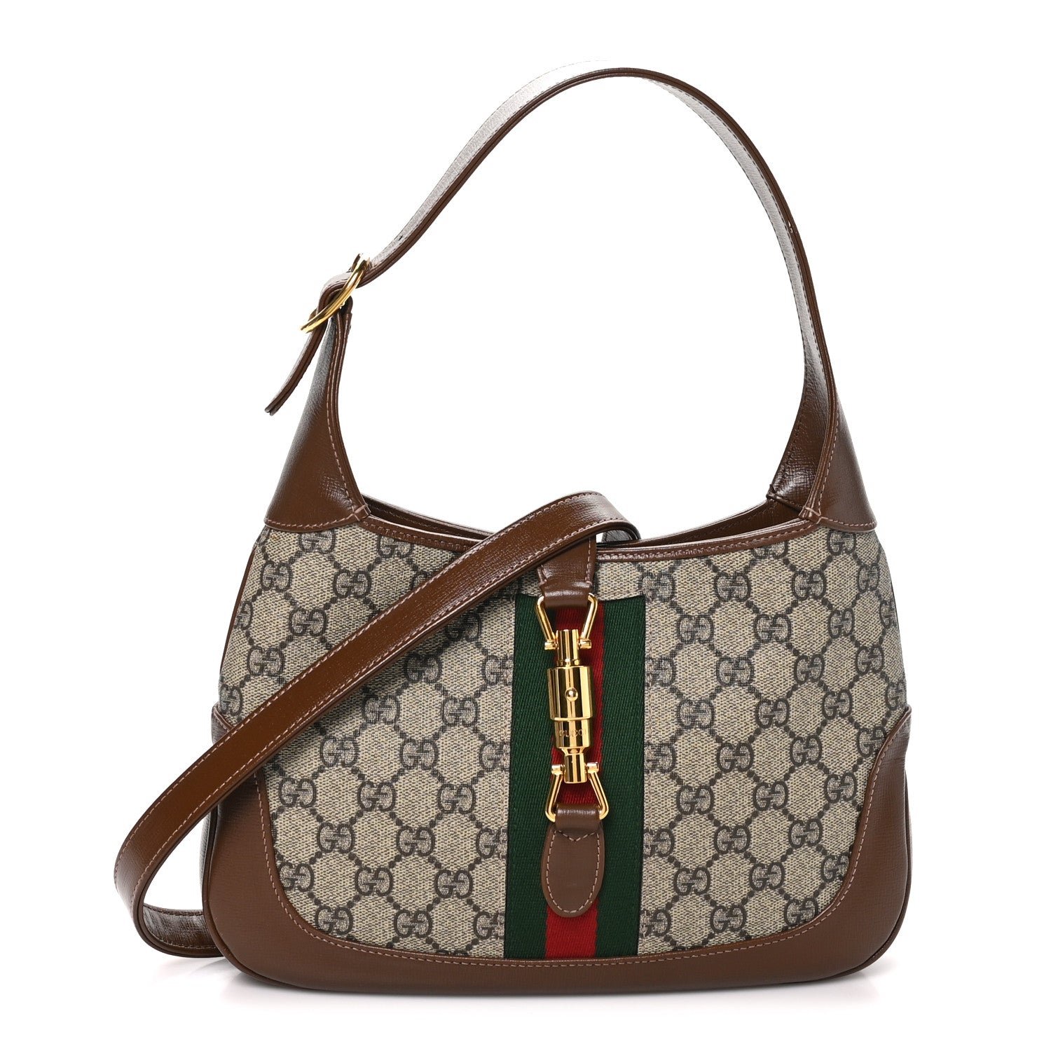 Gucci GG Supreme Monogram Azalea Calfskin Web Small Jackie 1961 Hobo Beige Ebony Brown Sugar