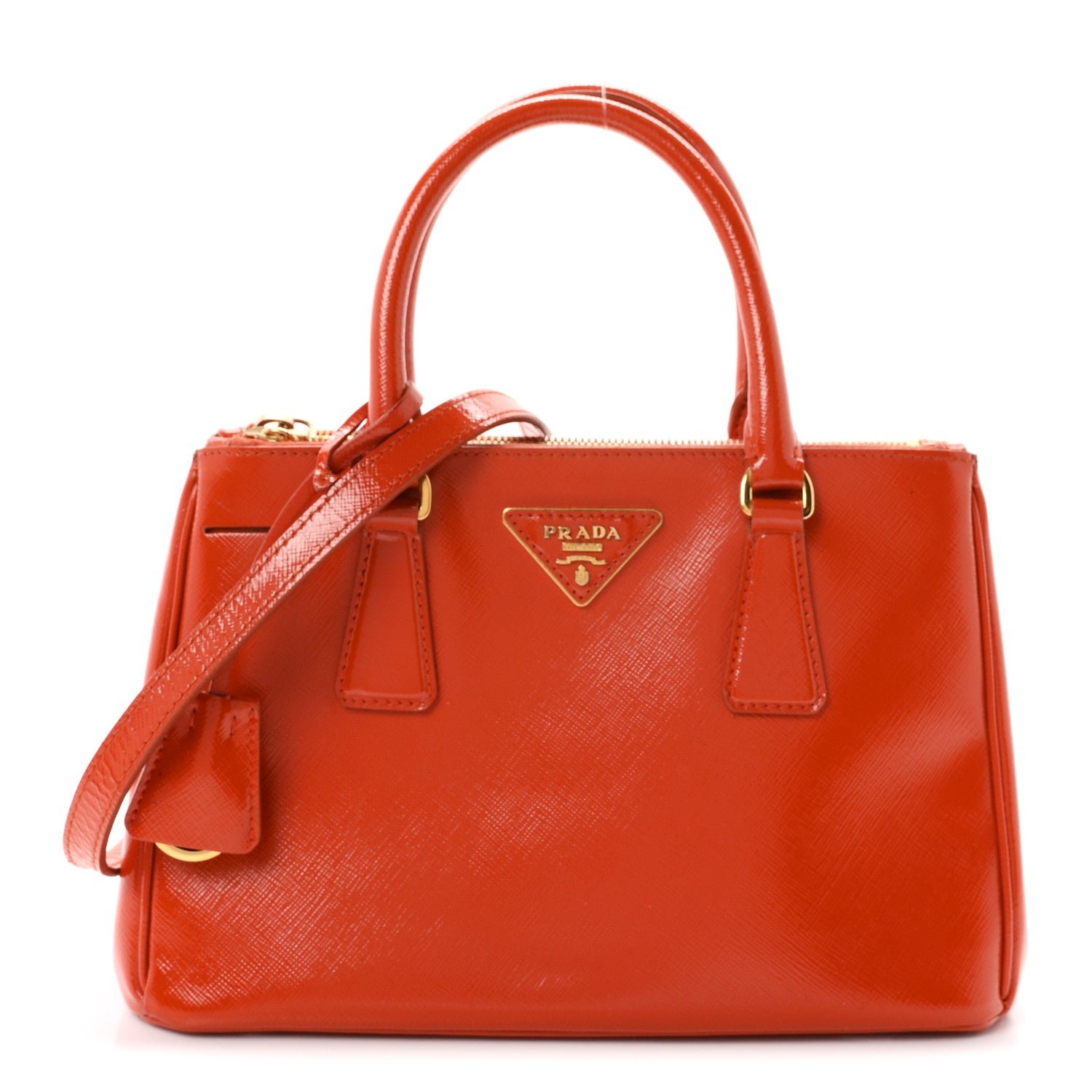 Prada Saffiano Vernice Small Galleria Double Zip Tote Papaya