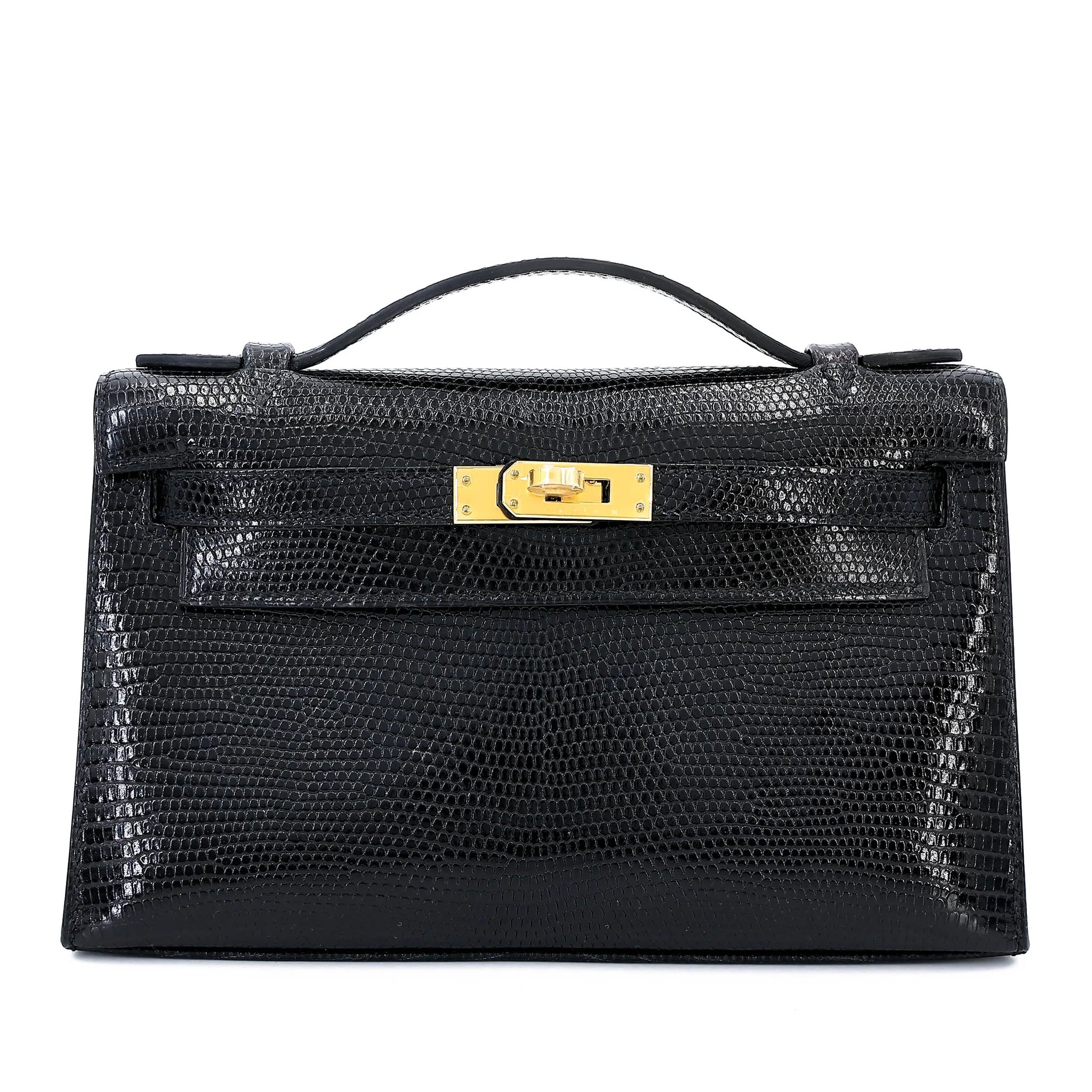 Brand New ( Rank N ) HERMÈS Kelly Pochette Noir (89) Shiny Lizard Gold hardware W (2024)