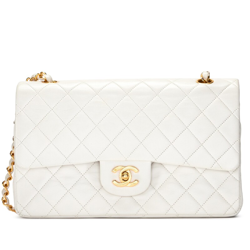 Vintage White Quilted Lambskin Classic Medium Double Flap Bag Gold Hardware, 1989-1991
