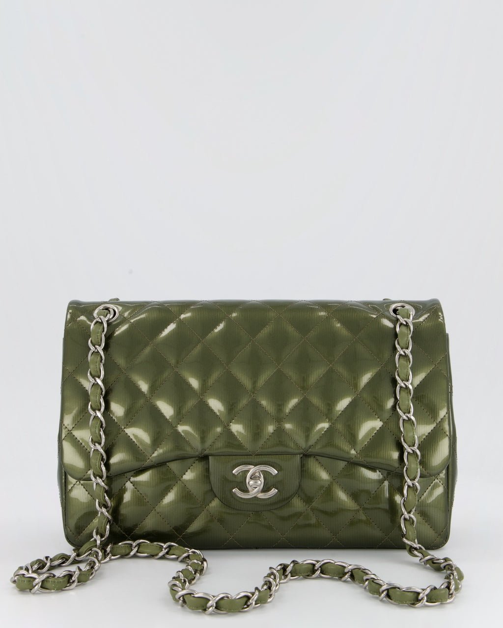 Chanel Khaki Green Patent Leather Jumbo Flap Bag With Silver Hardware