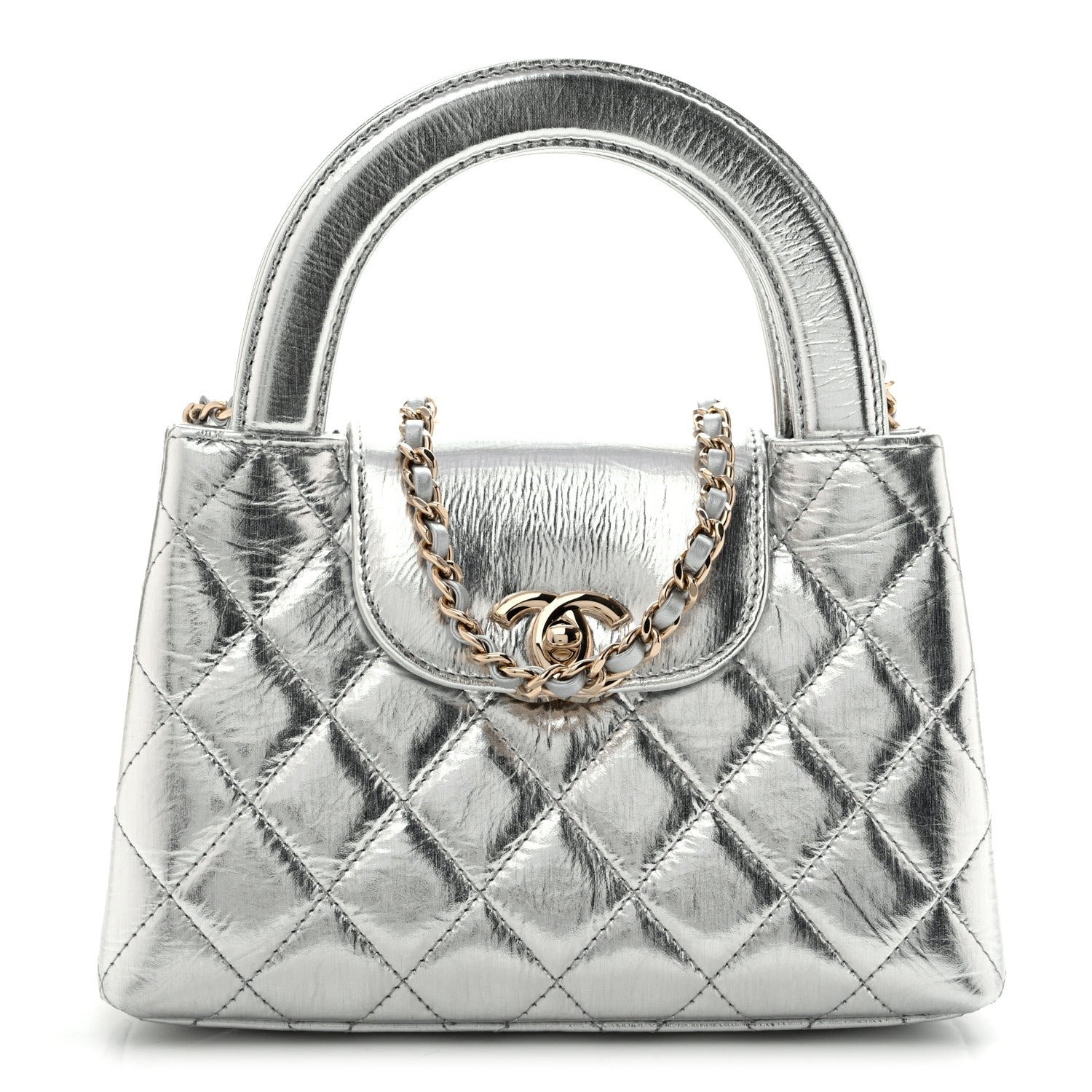 Chanel Metallic Aged Calfskin Quilted Nano Kelly Shopper Silvery
