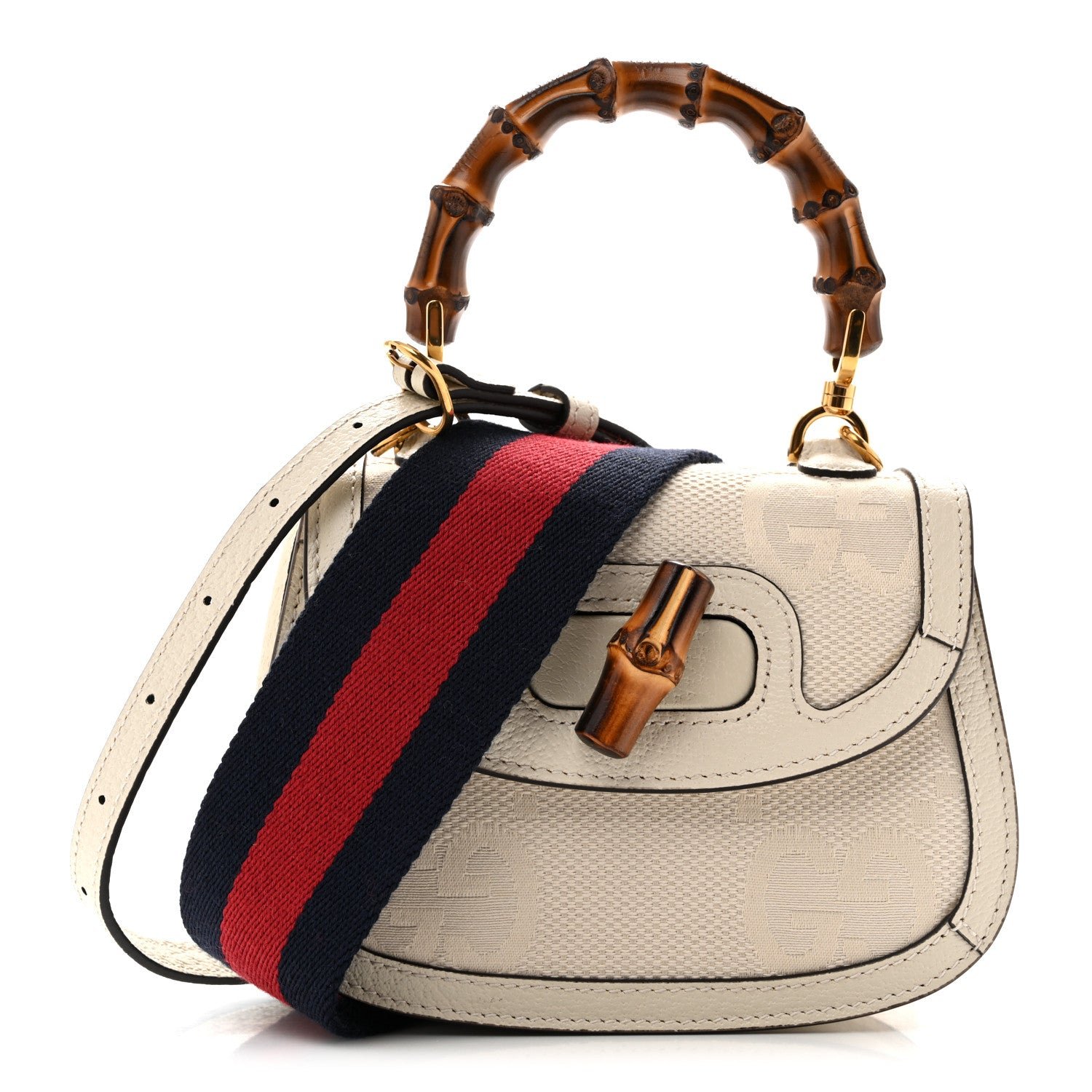 Monogram Jumbo GG Textured Dollar Calfskin Web Small Bamboo 1947 Top Handle Bag Off White
