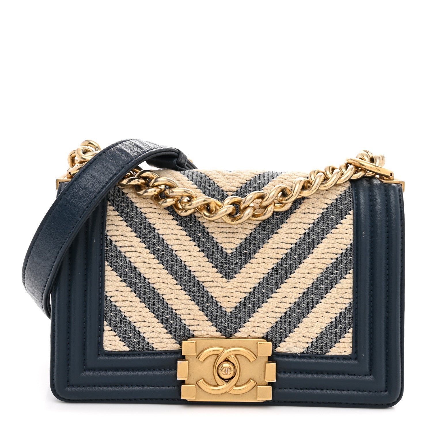 Chanel Fabric Chevron Braided Small Boy Flap Blue Ivory