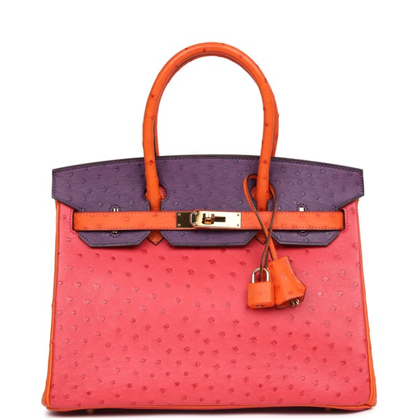 Hermes Pre-owned Hermes Special Order (HSS) Birkin 30 Tangerine, Violet and Bougainvillea Ostrich Gold Hardware