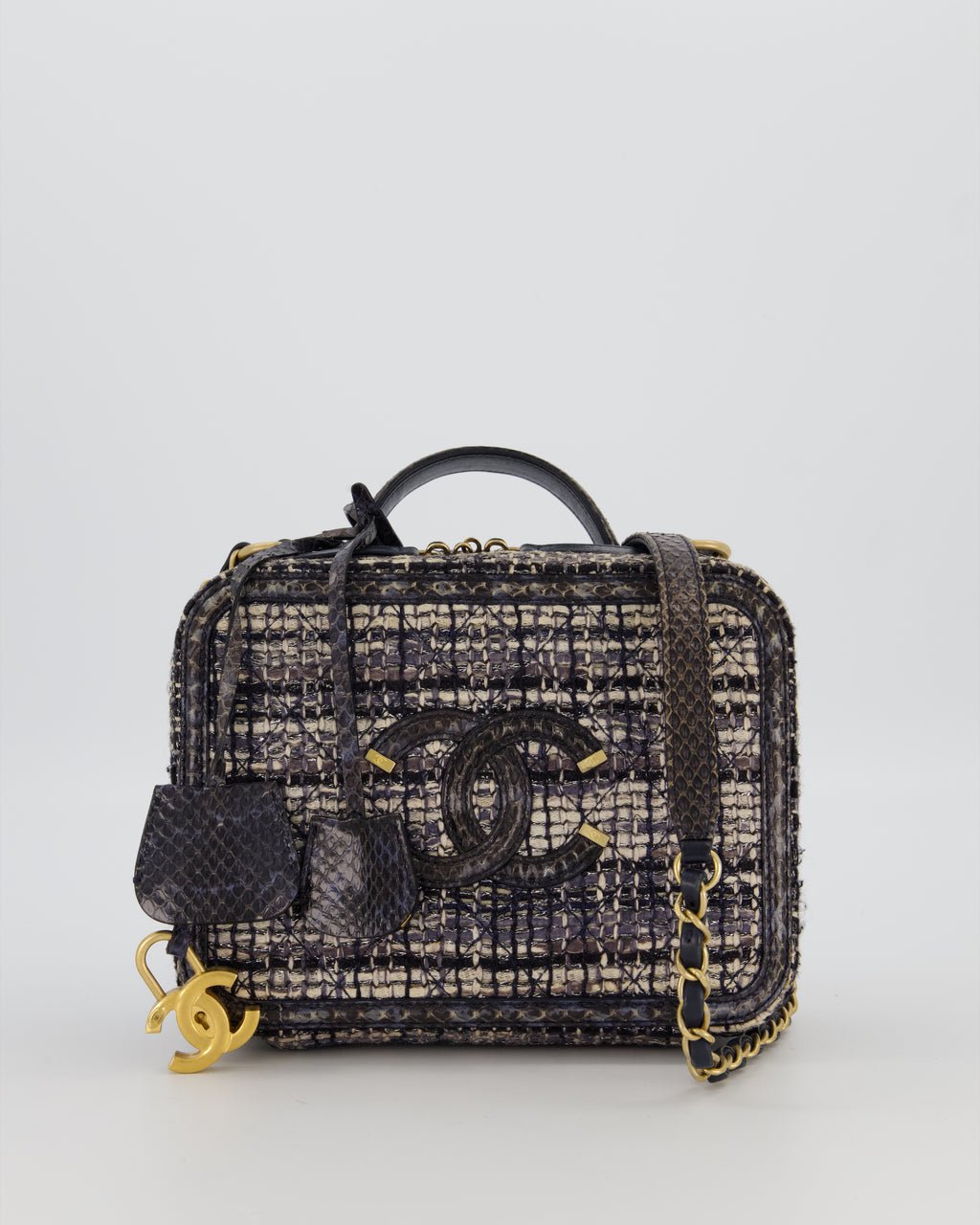 Chanel Navy and Python Leather Print CC Medium Vanity Case Bag in Tweed and Python Leather with Brushed Hardware